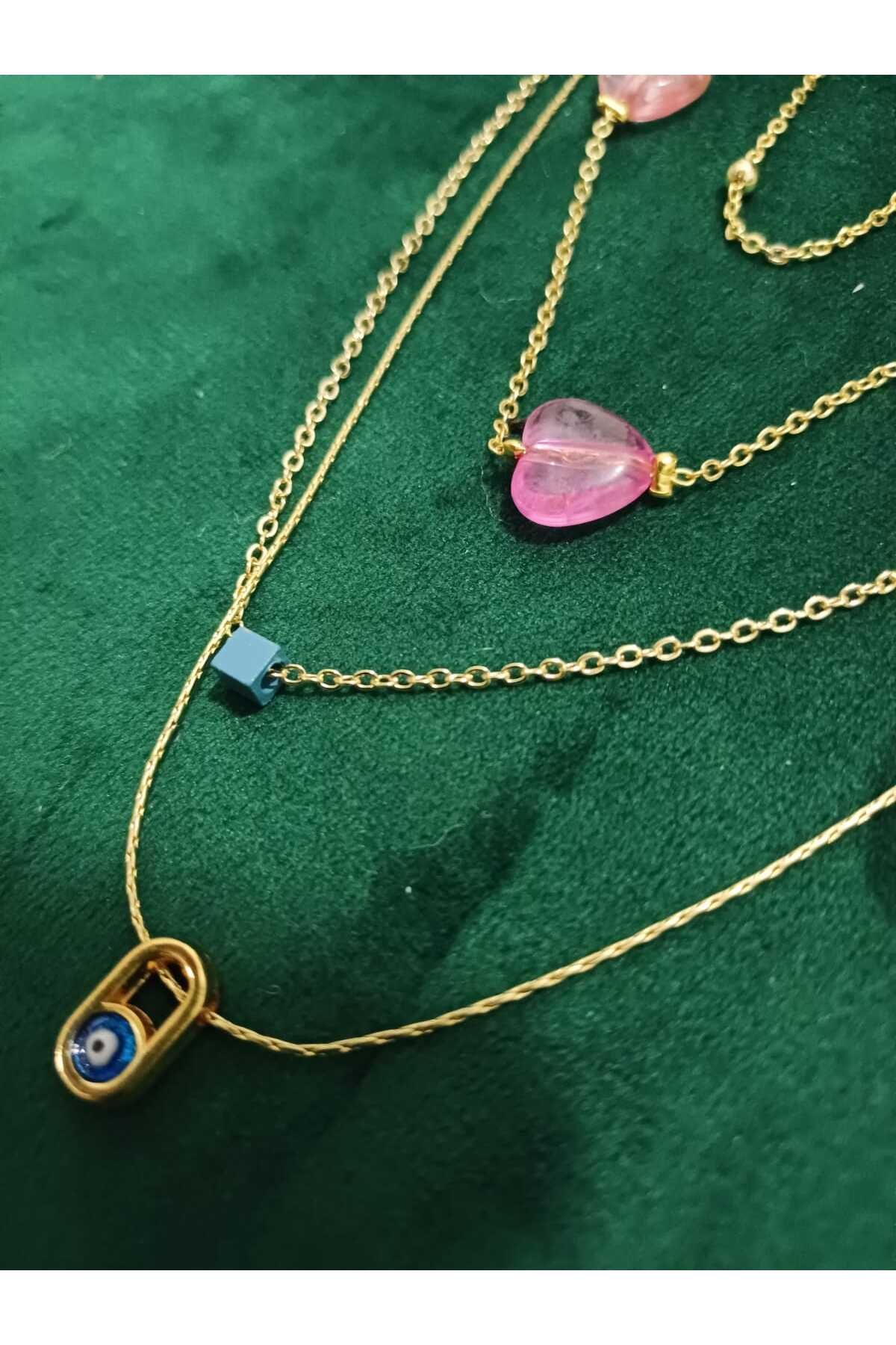 ERASLAN Pembe Kalp Çoklu Kolye (Nazar Boncuklu Kolye Hediyedir)
