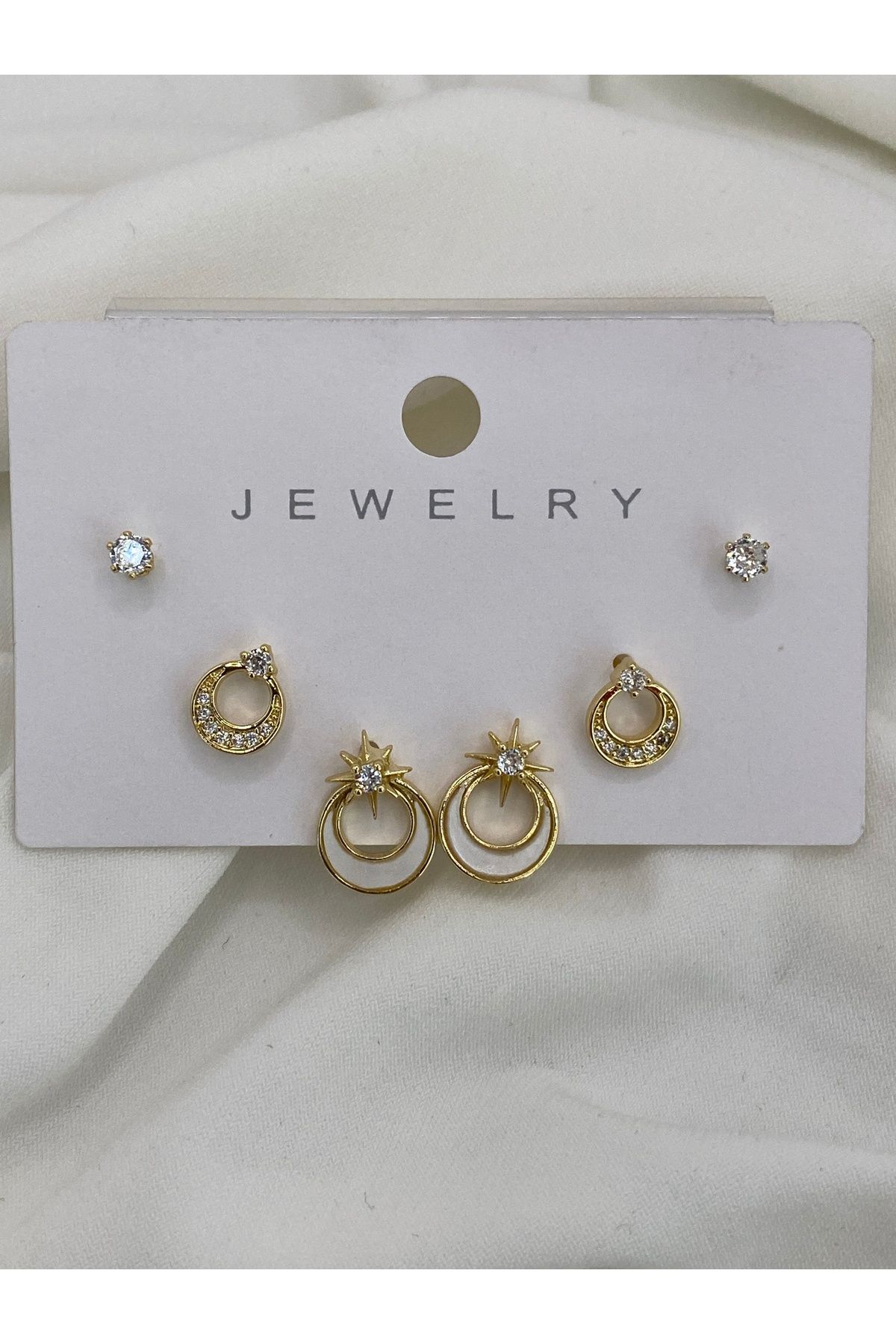 B&G Desing GOLD 6lı ay yıldız ve tektaş Özel Tasarım Küpe - Özel Hediyelik