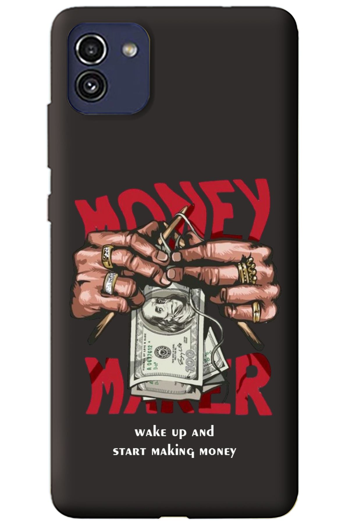 WANNA PROTECT Samsung A03 Siyah İçi Kadife Make Money Desenli Silikon Telefon Kılıfı