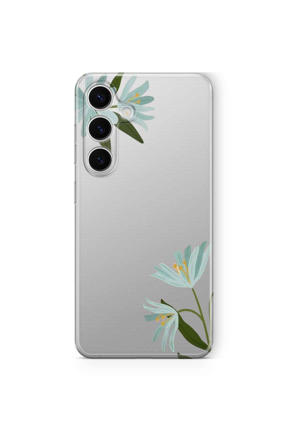 Space Star Samsung Galaxy A14 Uyumlu Mavi Çiçek Tasarım Baskılı Şeffaf Kılıf