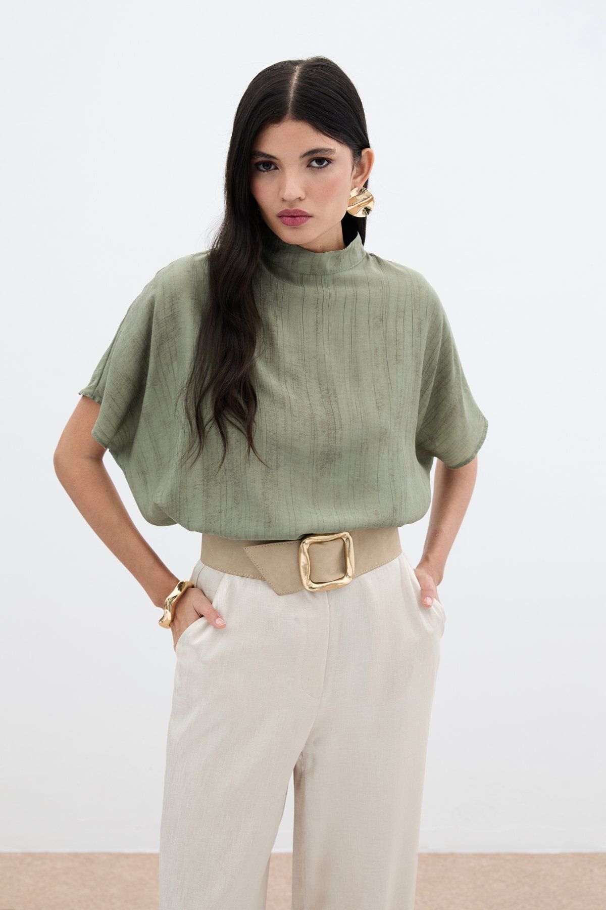 Sateen Desenli Salaş Bluz - Haki