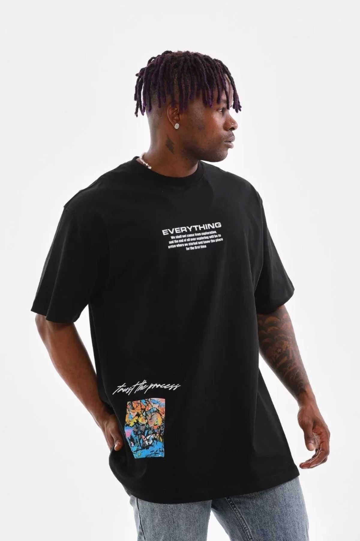 CVS Unisex Bisiklet Yaka Baskılı Oversize T-Shirt - Siyah