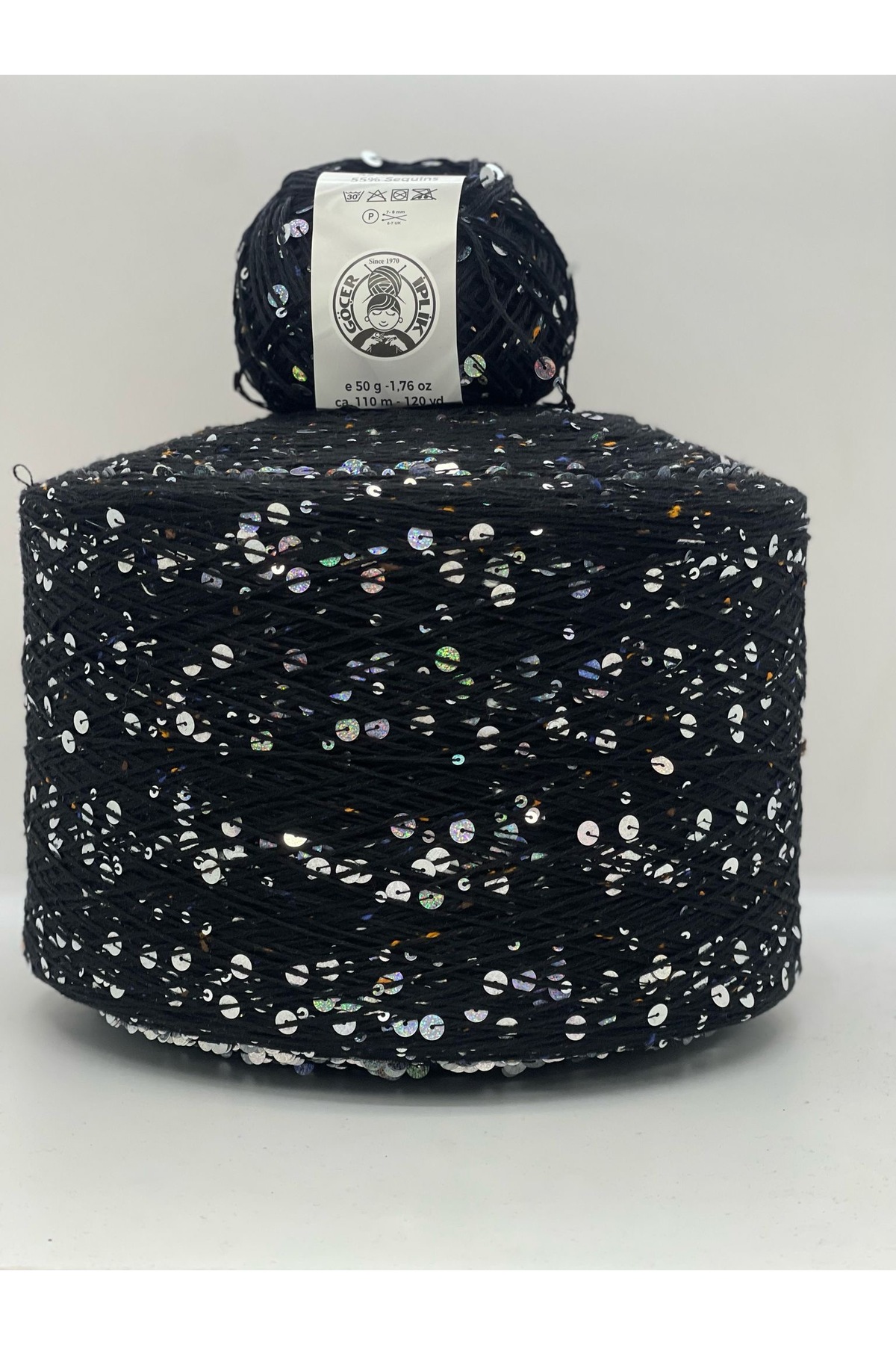 Bag Lanyard / Knitting Lanyard 100% cotton 3+6 black cotton silver Coarse sequin balls 50gr X 2 =100gr