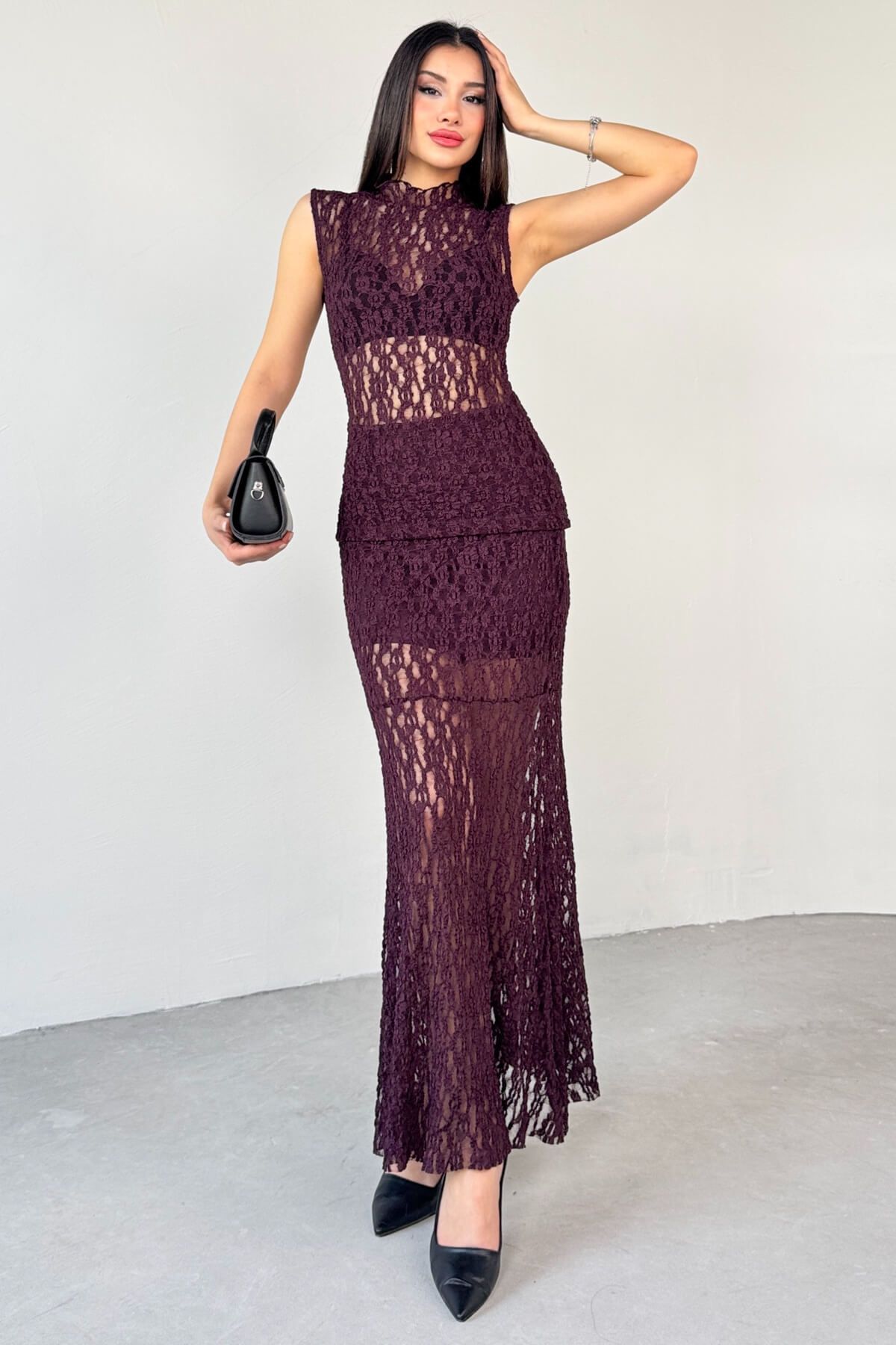Cappmoda TKM-13278 Mürdüm Rengi Dantel Bluz Astarlı Midi Boy Etek İkili Takım