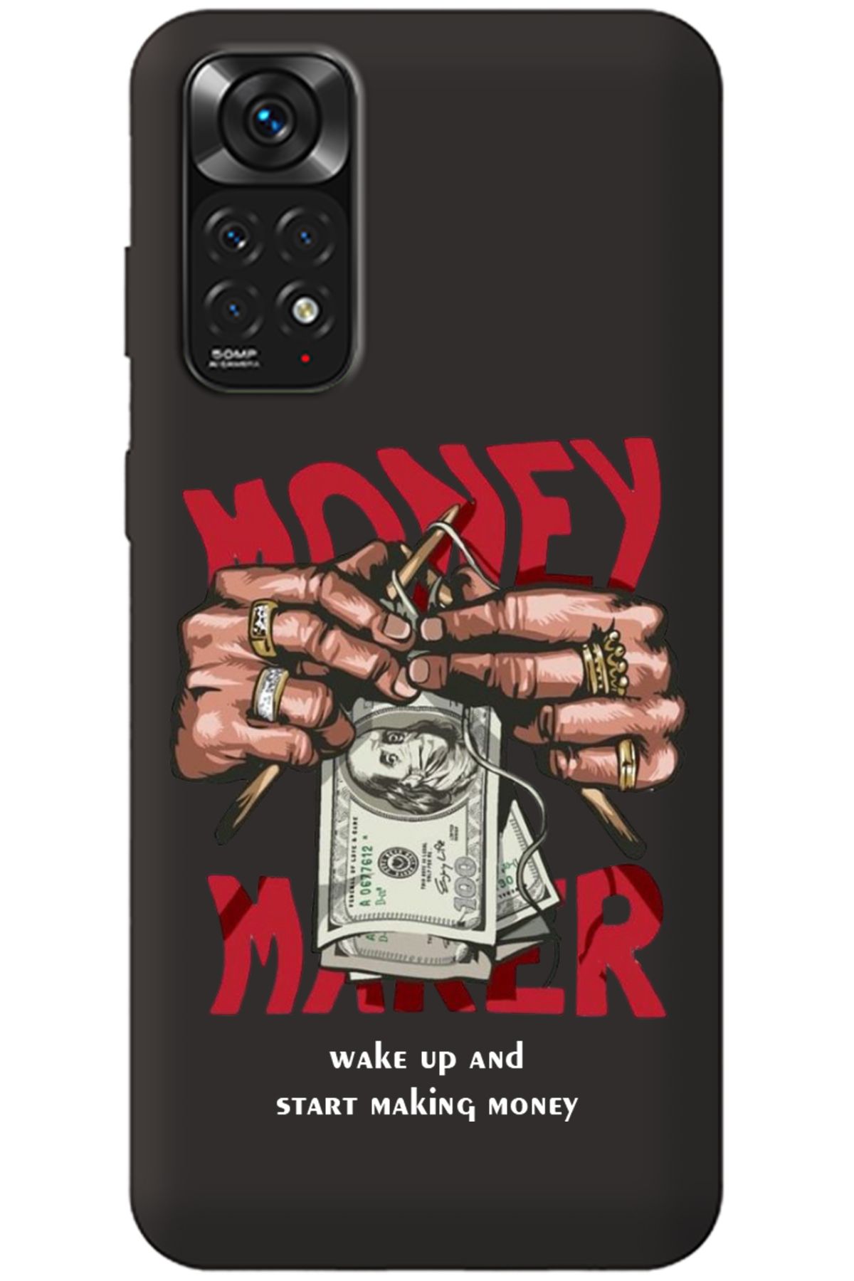 WANNA PROTECT Xiaomi Redmi Note 11 Siyah İçi Kadife Make Money Desenli Silikon Telefon Kılıfı