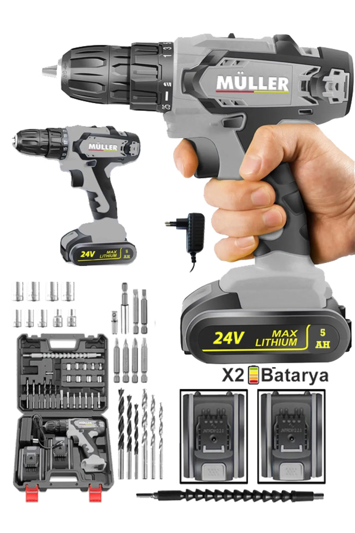 Müller Germany 24 V 5 Ah Çelik Şanzuman Bakır Sargılı Çift Akülü Şarjlı Matkap 27 Parça Set