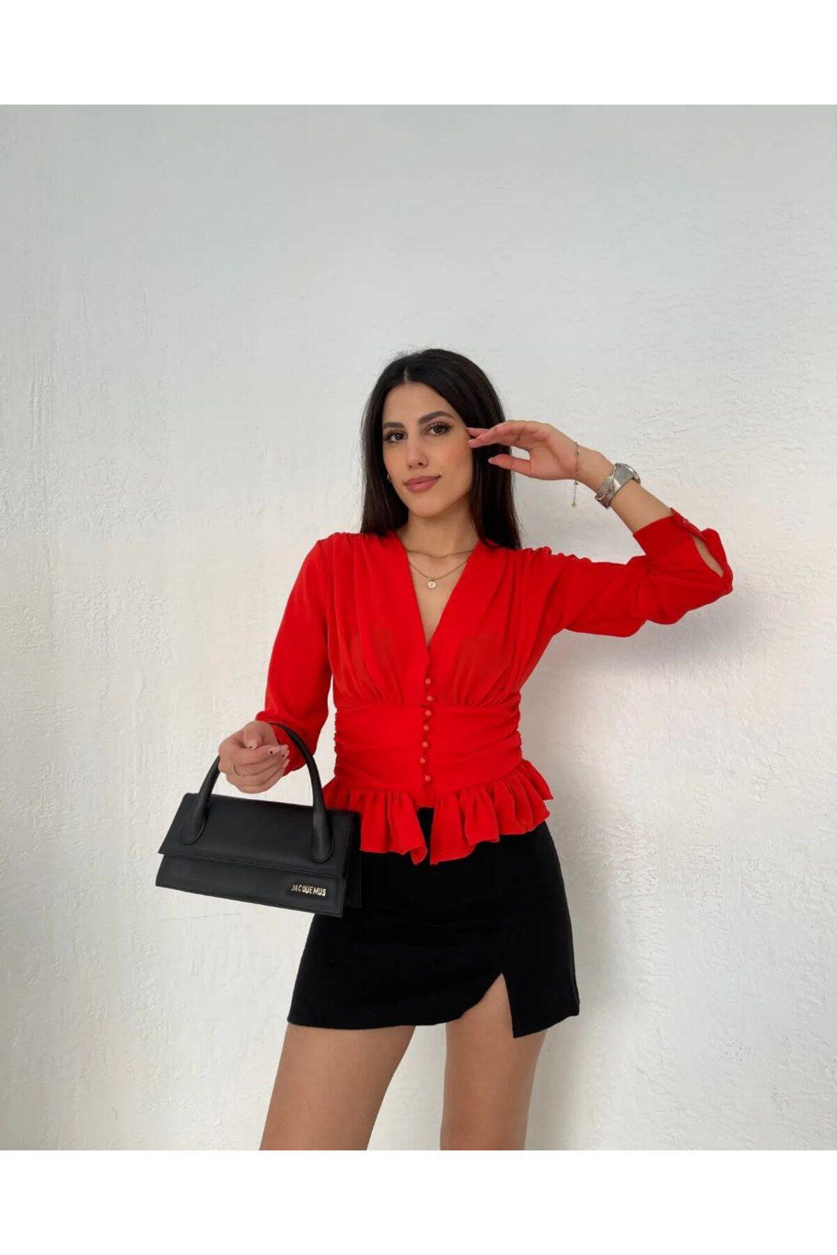 SHUGAA kadın v yaka buzgülü önden düğmeli tasarım crep bluz