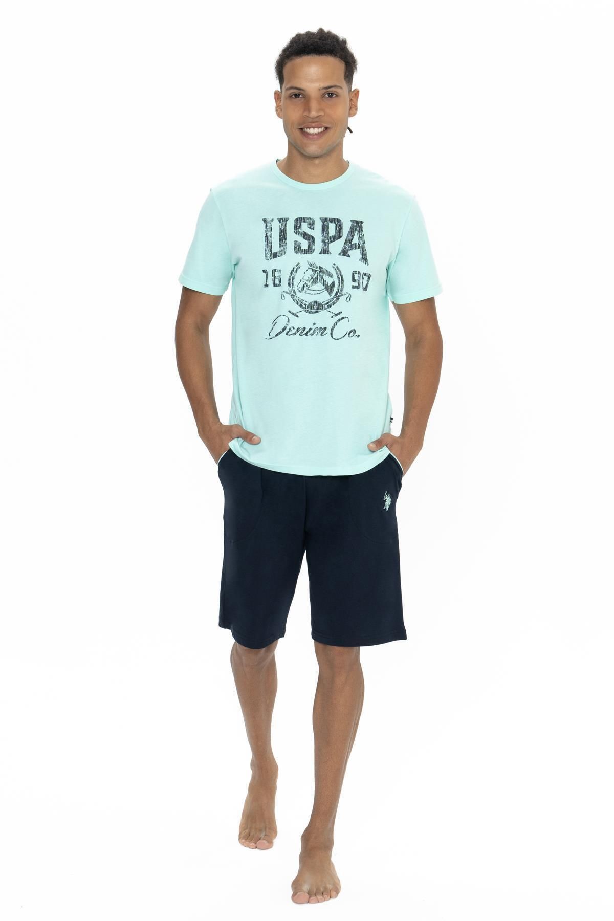 U.S. Polo Assn. U.S. Polo Erkek %100 Pamuk Takım, Yazı Baskılı Kısakol T-shirt ve Cepli Şort Takım