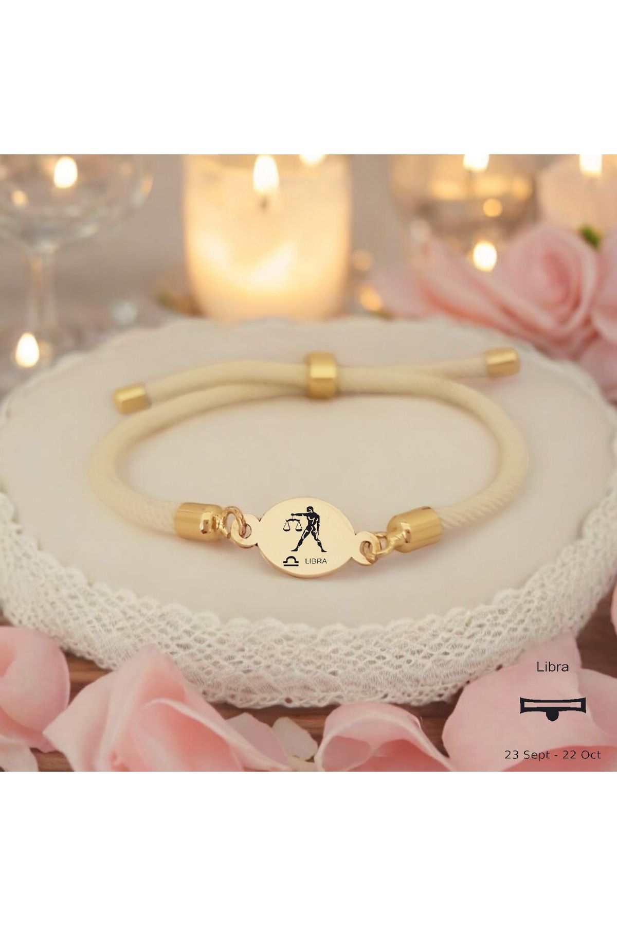 ARCHINO GOLD Oval Motifli İpek Örgülü 14 Ayar Altın Plakalı Bayanlara Özel Terazi Burcu Bilekliği-424burç-beyaz