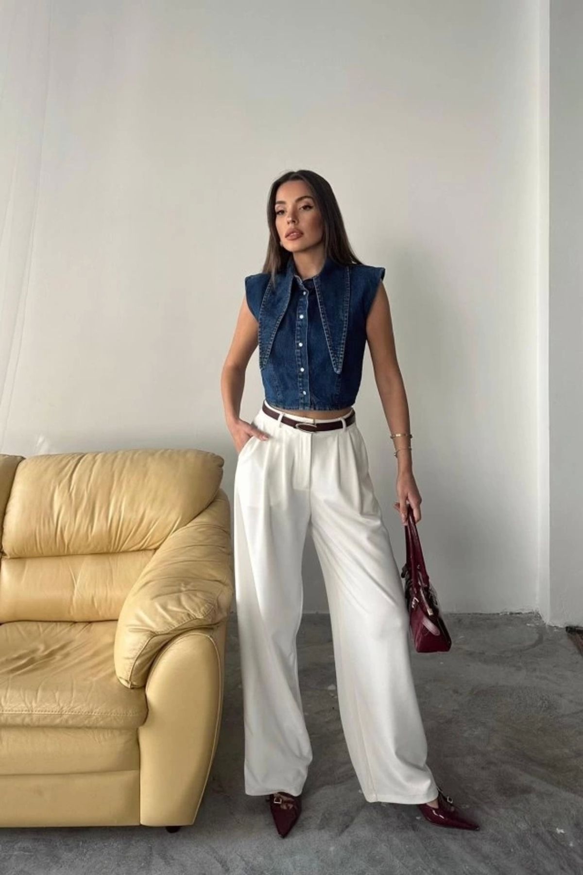 nedo7 Mavi Yaka Detaylı Denim Crop