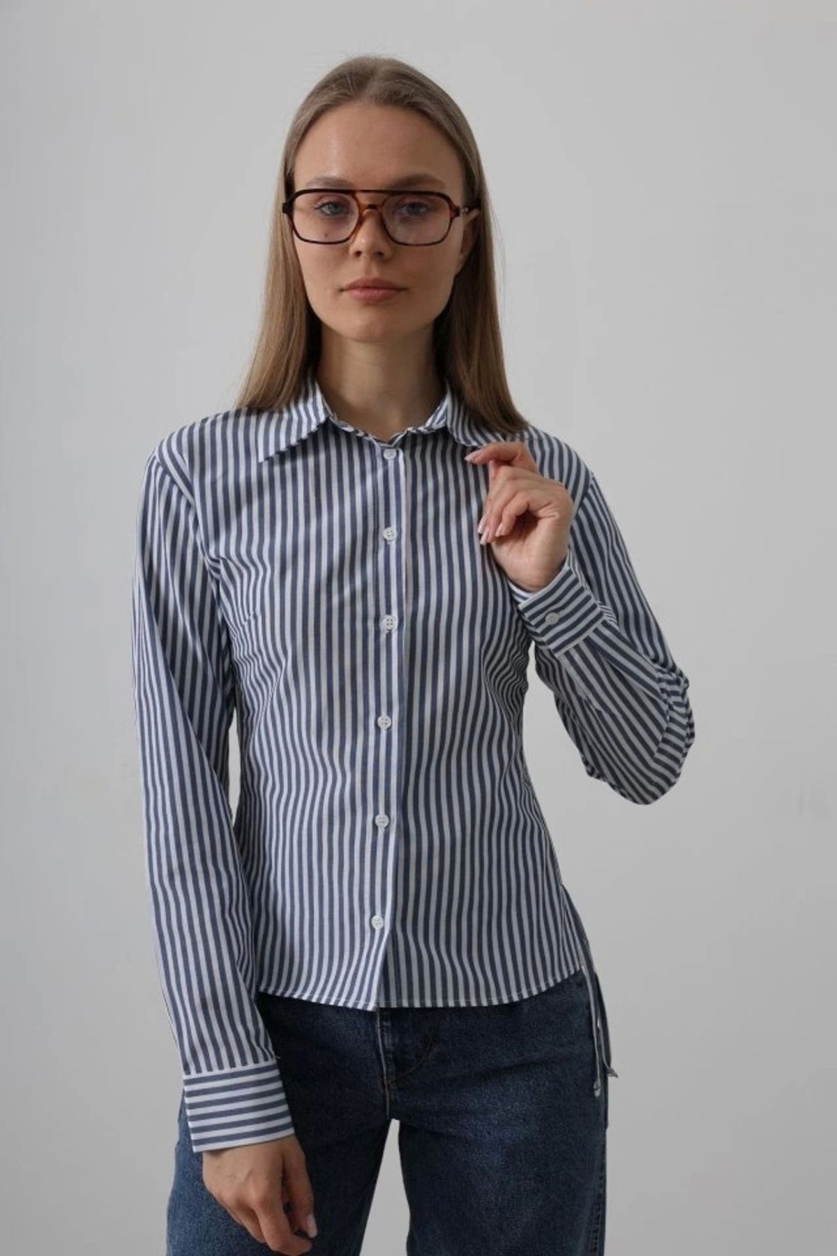 Butik Yanları Büzgülü Çizgili Gömlek - Çizgili İndigo