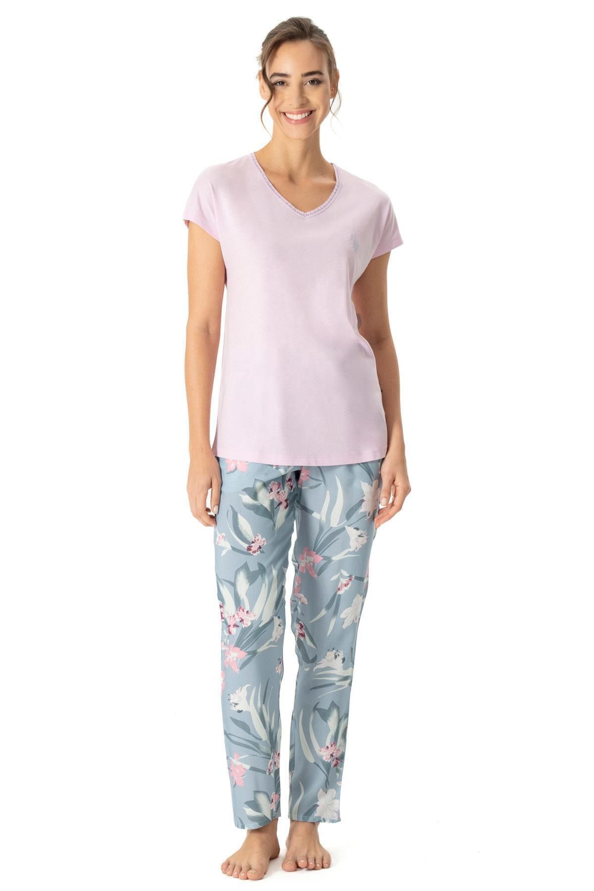 U.S. Polo Assn. U.S. Polo Assn. Kadın V Yaka Yazlık Pijama Takım, Viskon Kumaş
