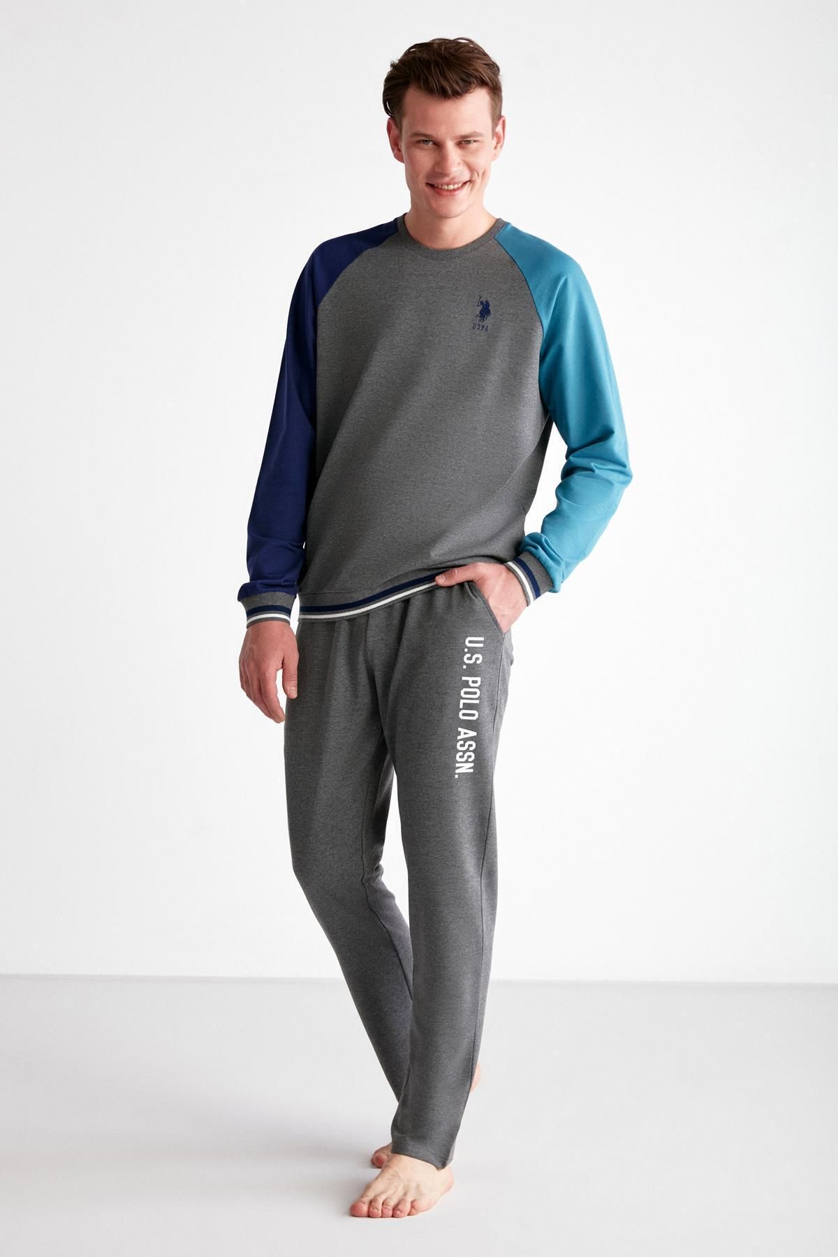 U.S. Polo Assn. Erkek 2 Iplik Kışlık Pijama Takım, Yuvarlak Yaka Kolları Manşetli Cepli Erkek Pijama Takım