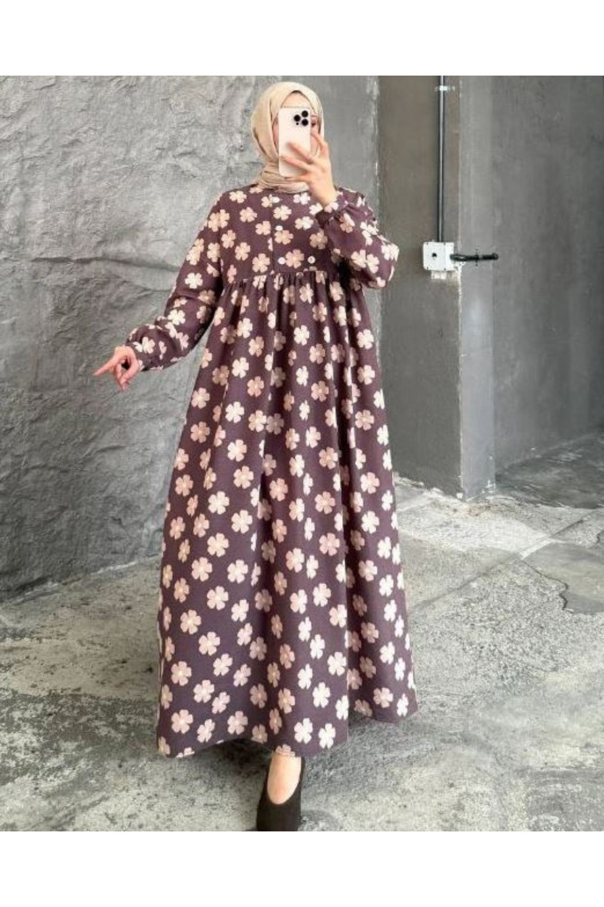 OlaLady Kadın Önü Çift Düğmeli Desenli Salaş Keten Elbise