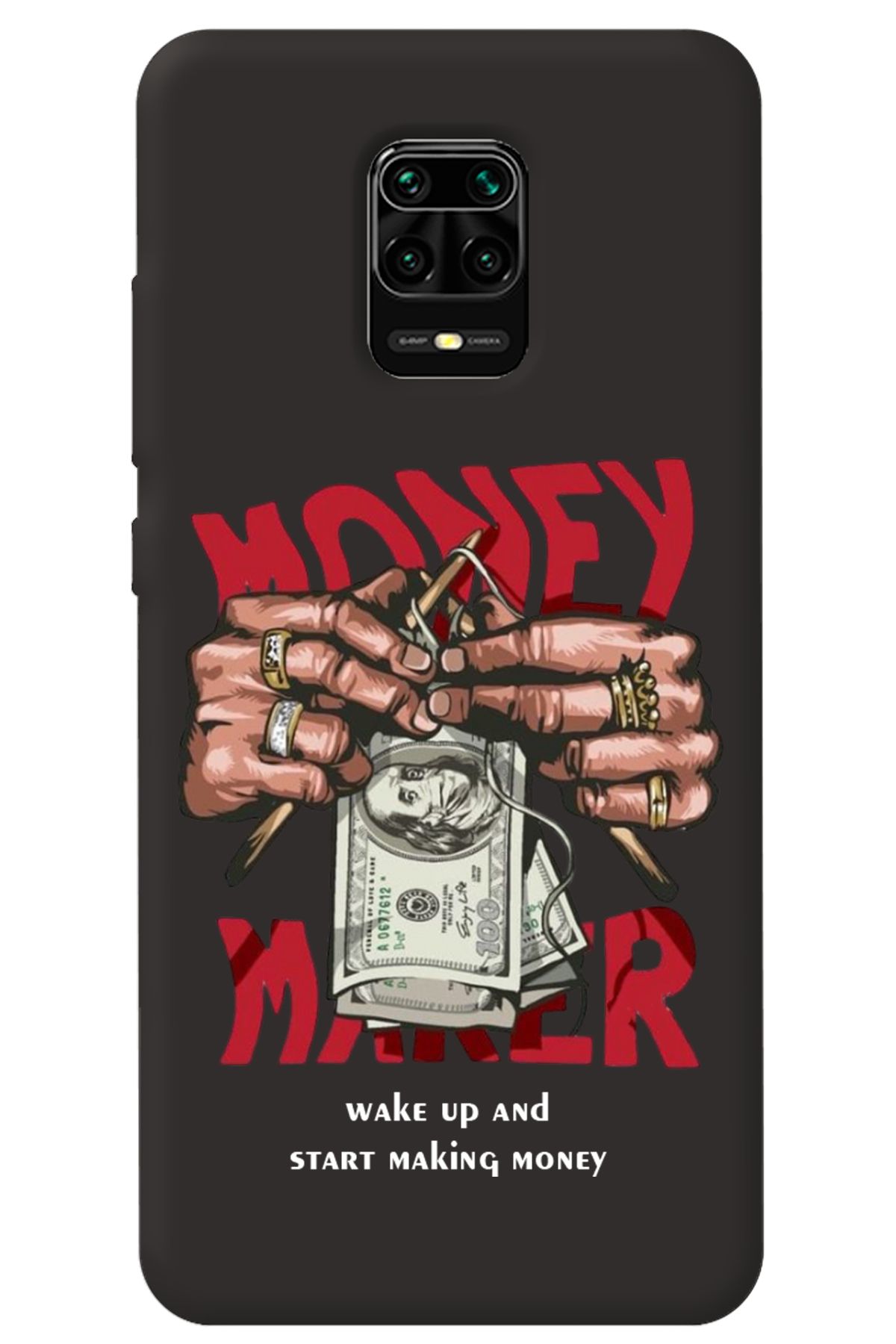 WANNA PROTECT Xiaomi Redmi Note 9S Siyah İçi Kadife Make Money Desenli Silikon Telefon Kılıfı