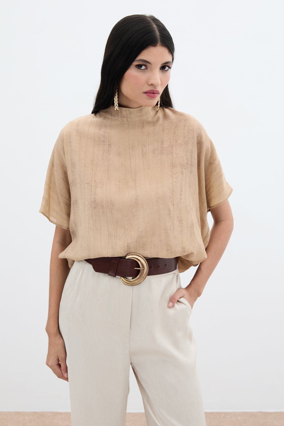 Sateen Desenli Salaş Bluz - Camel