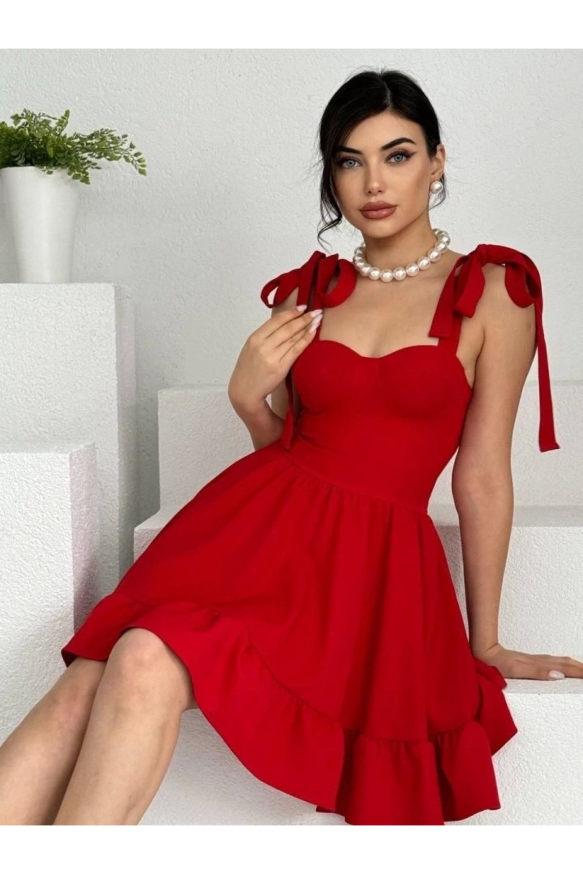 Butik İP ASKILI BAĞLAMALI ATLAS ELBİSE
