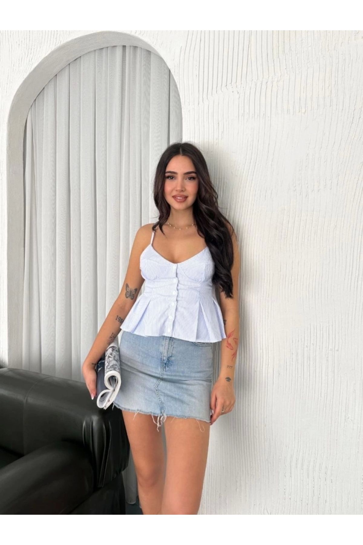 nedo7 Askılı Dekolte Deraylı Crop - Açık Mavi