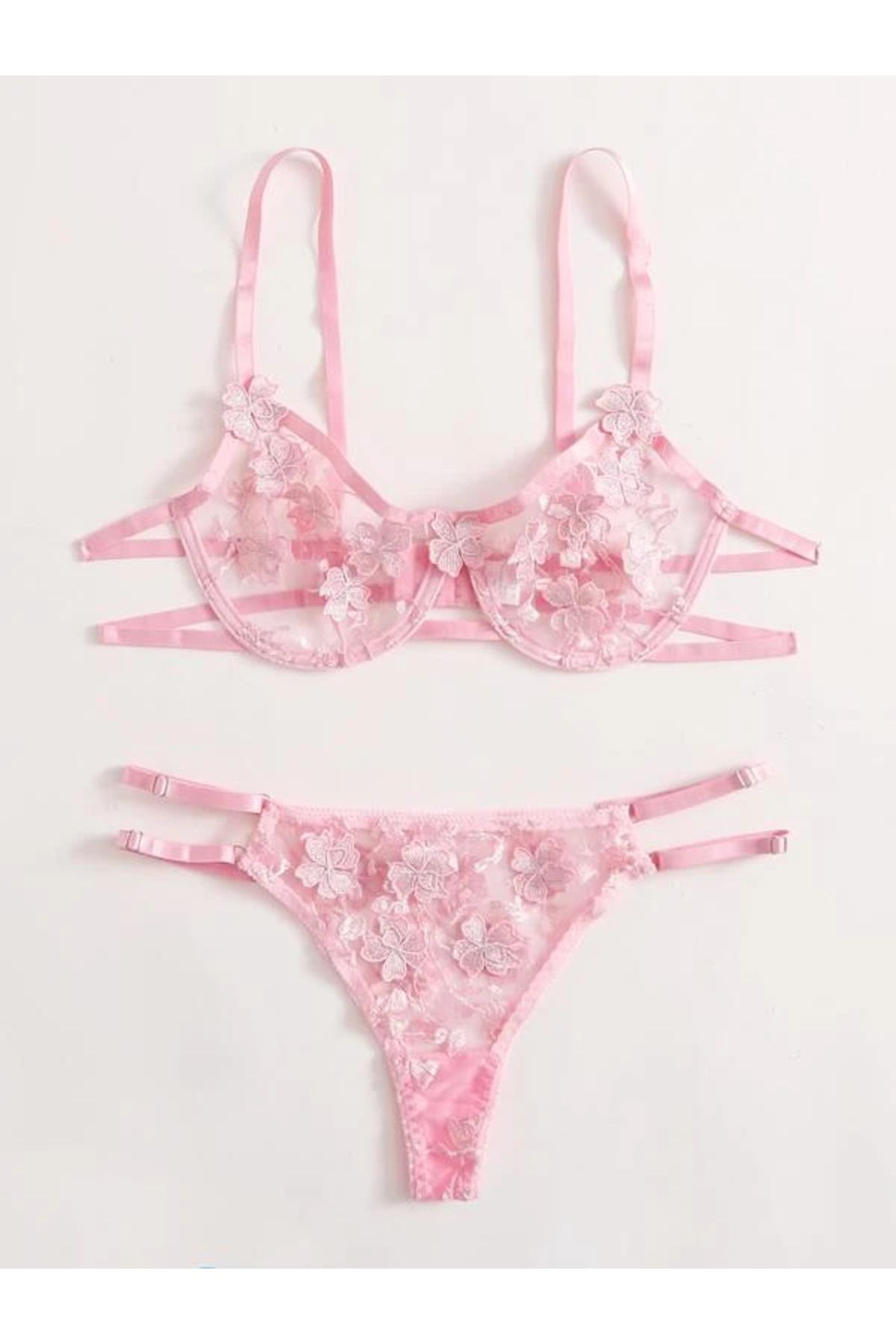 Shop58 Papatya Işlemeli Sim Nakışlı Pembe Balenli Sütyen Takım
