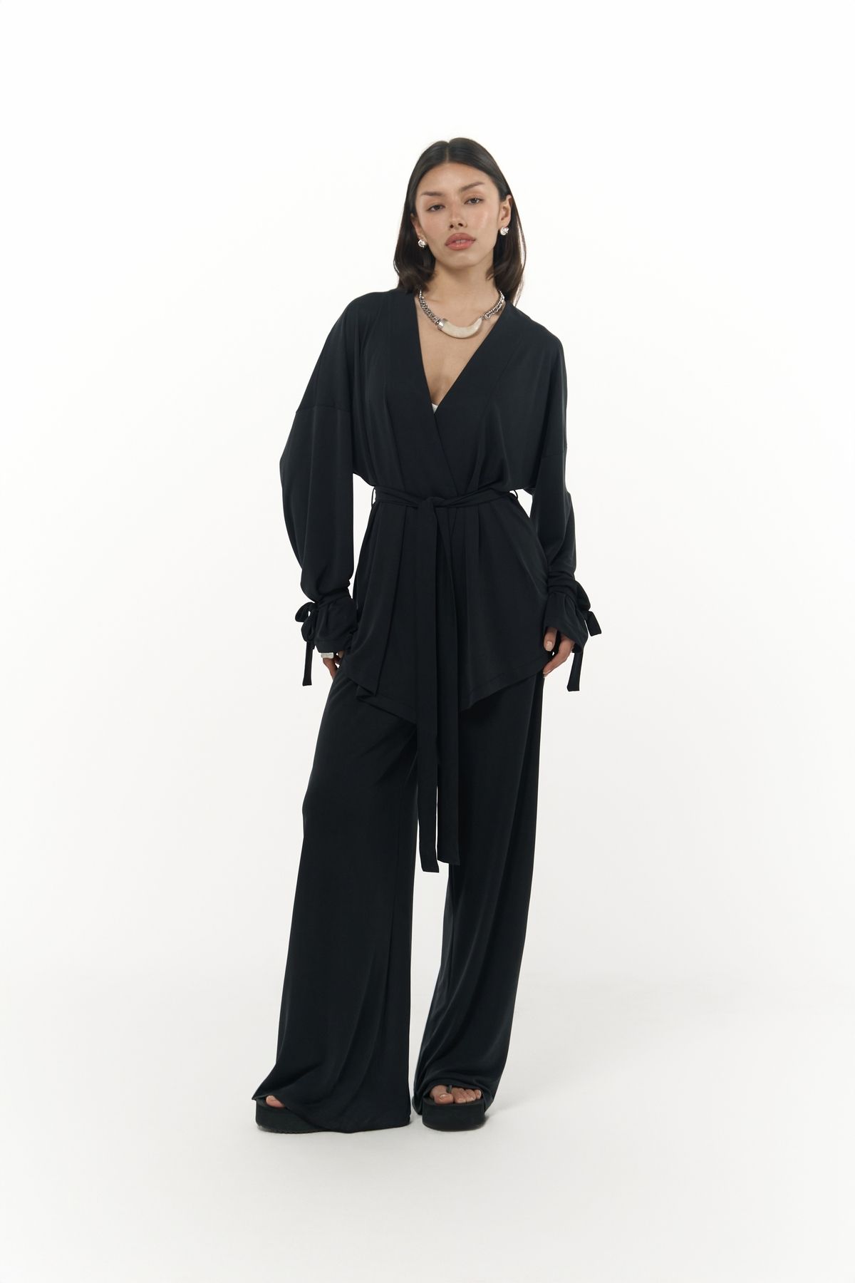 MAİ COLLECTİON Donna Siyah Kimono Pantolon Takım