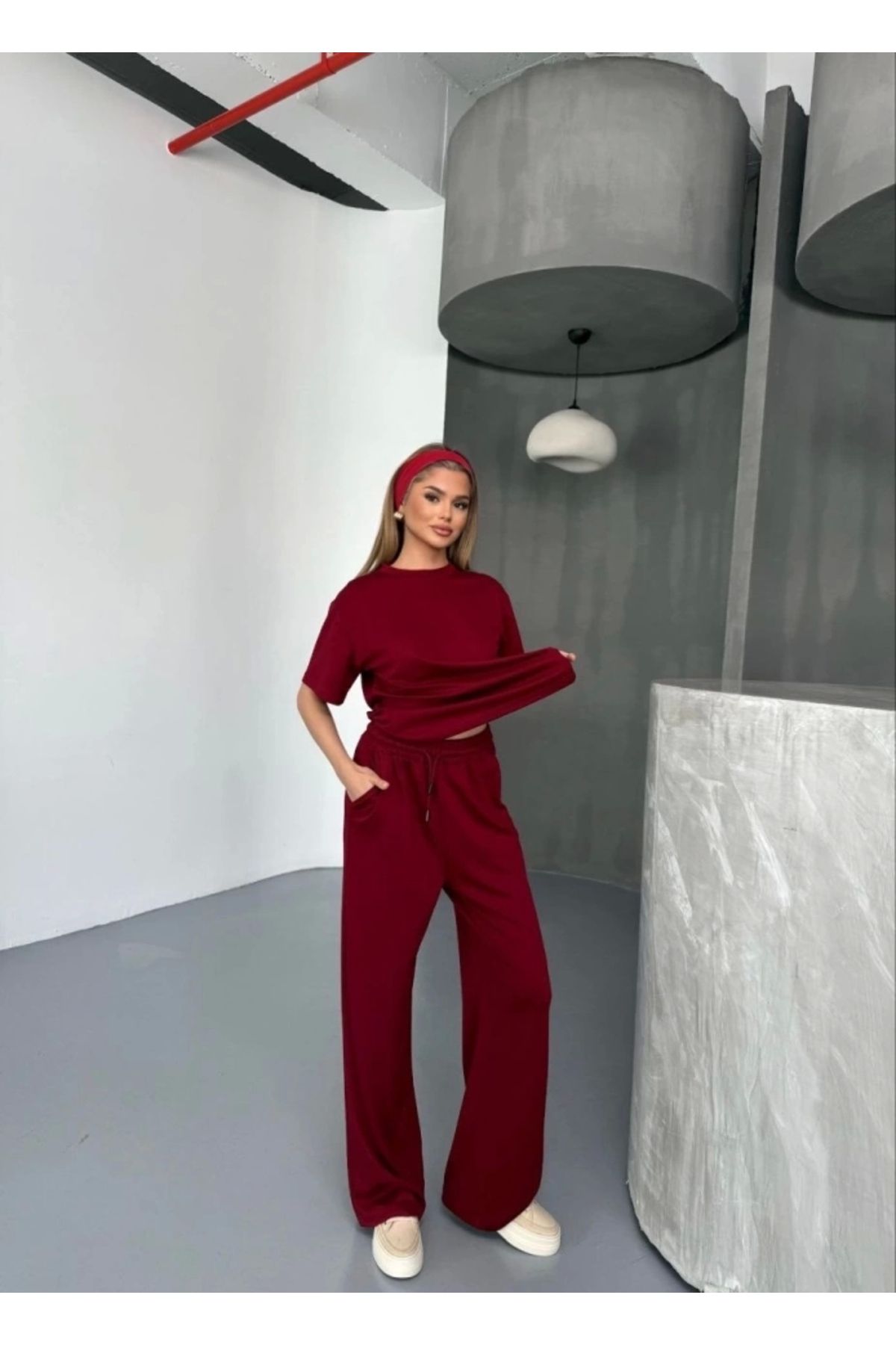 nedo7 Osy Modal Yumuşak Dokulu Kumaş Kısa Kollu Bluz Rahat Pantalon Ikili Takım- Bordo