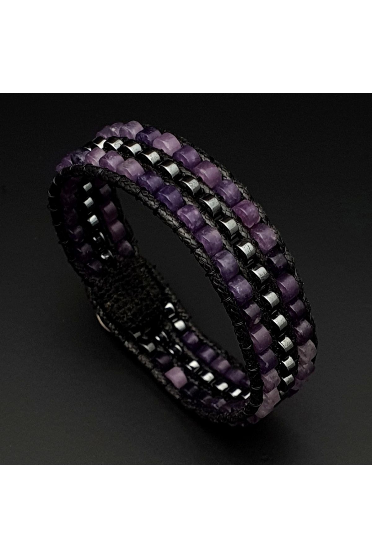 Seven Art Jewelry Doğal Taş Bileklik, Ametist ve Hematit Tarz Bileklik, Mor Bileklik, Hediye Bileklik