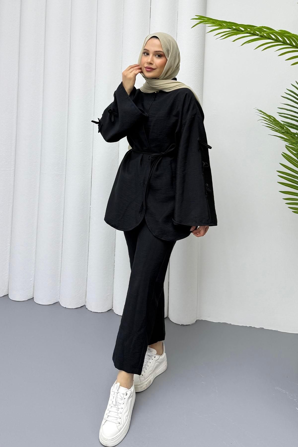 Modaensarbutik Kolları Fiyonk Detaylı Ceketli Pantolon Tesettür Takım-SİYAH