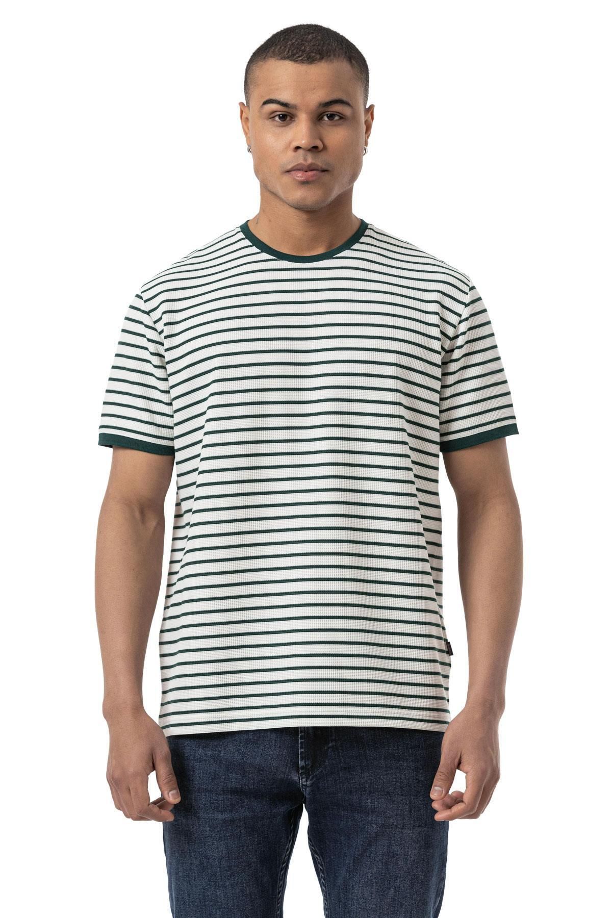 rugatchi Yatay Çizgili Waffle Bisiklet Yaka T-Shirt