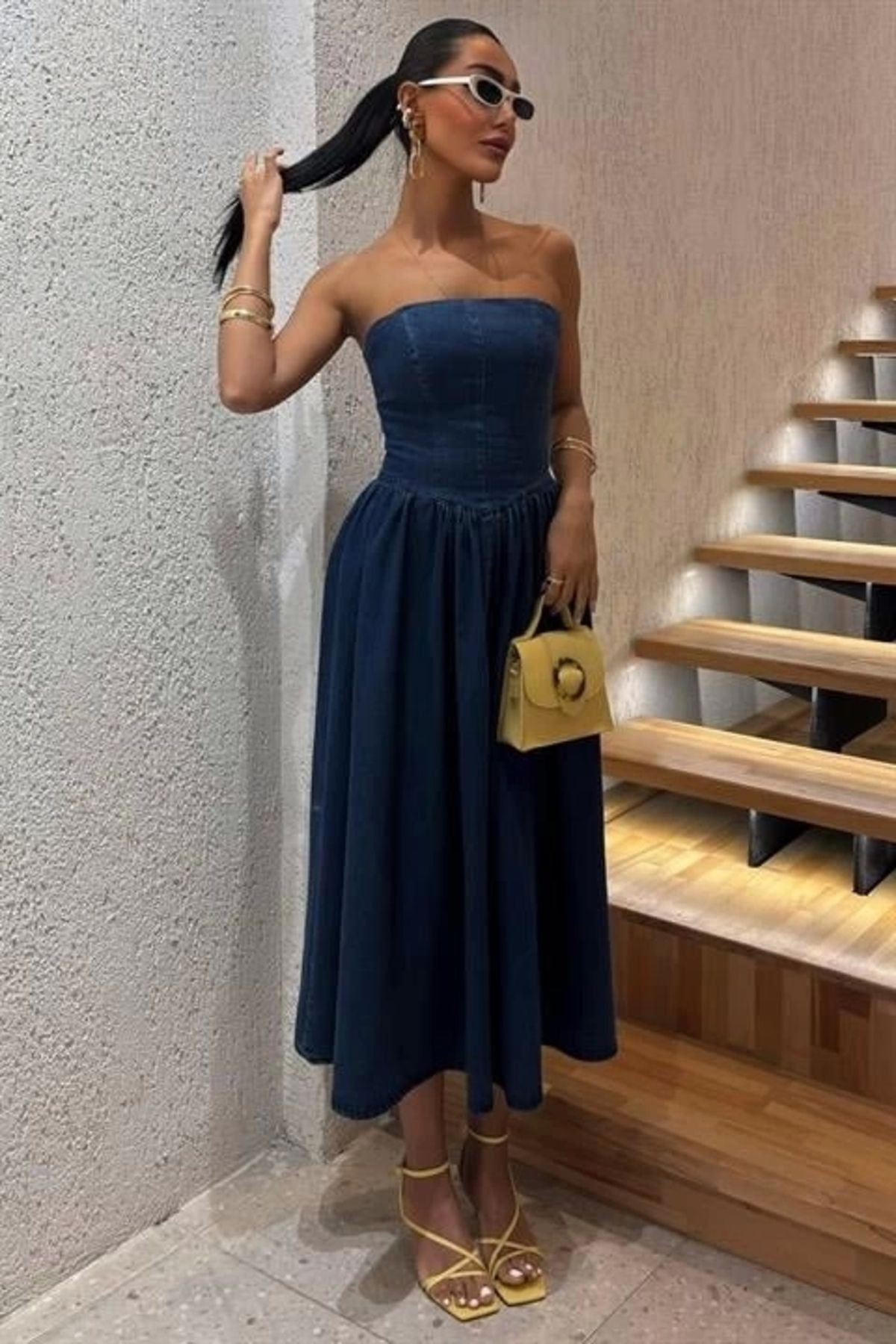 nedo7 Beli Pileli Straplez Denim Elbise 2886