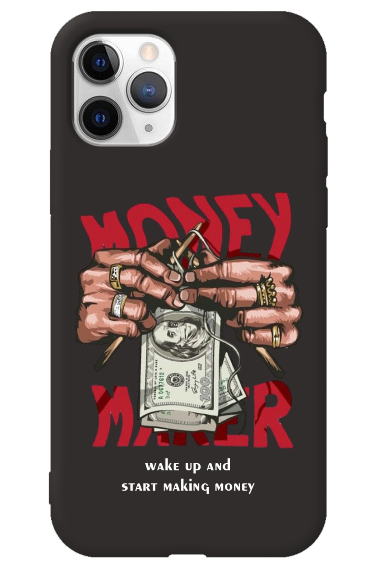 WANNA PROTECT iPhone 11 Pro Max Siyah İçi Kadife Make Money Desenli Silikon Telefon Kılıfı