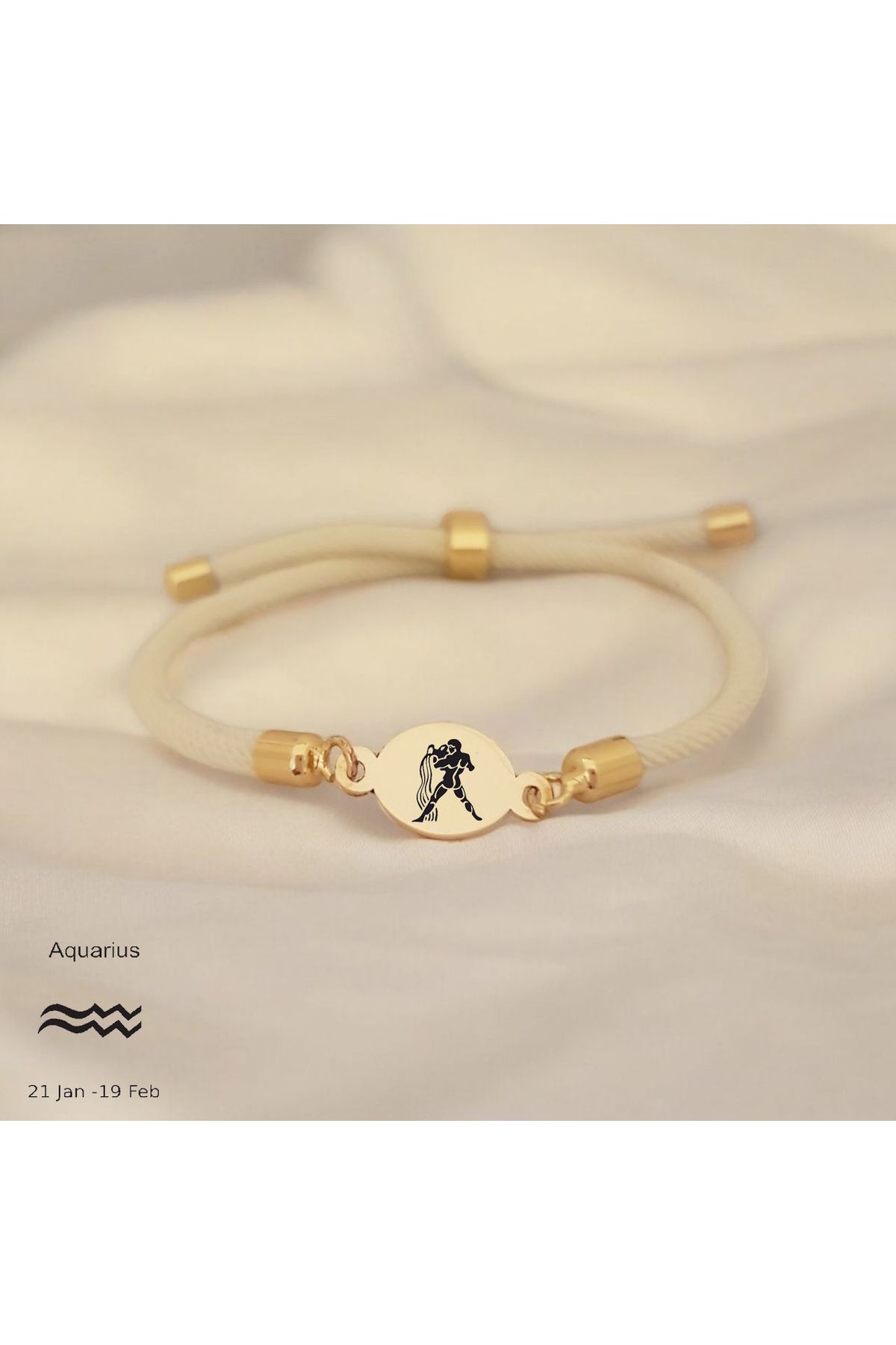 ARCHINO GOLD Oval Motifli İpek Örgülü 14 Ayar Altın Plakalı Bayanlara Özel Kova Burcu Bilekliği-424burç-beyaz