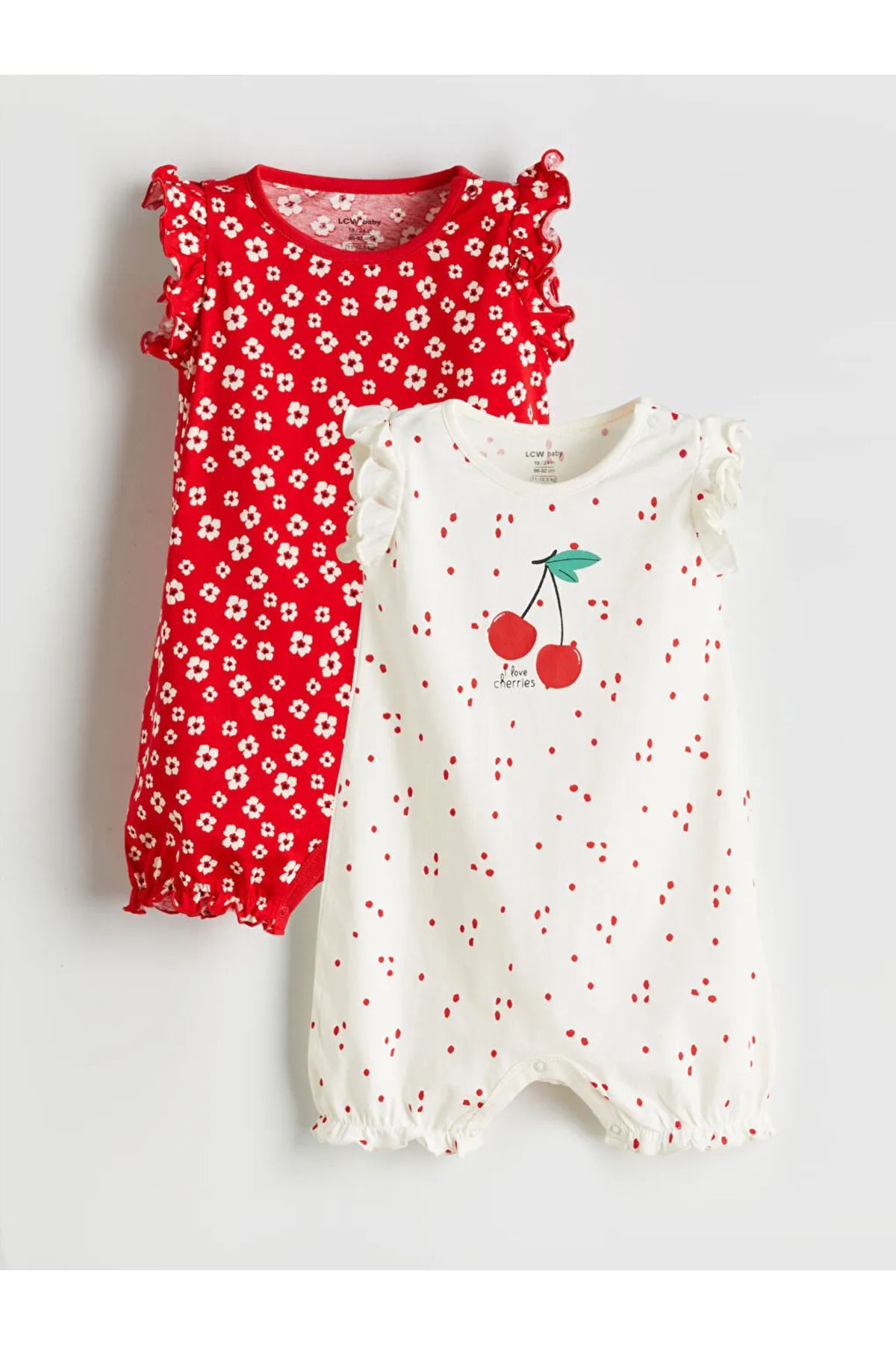 LC Waikiki LCW baby Bej Bisiklet Yaka Çiçekli Kız Bebek Penye Tulum 2'li