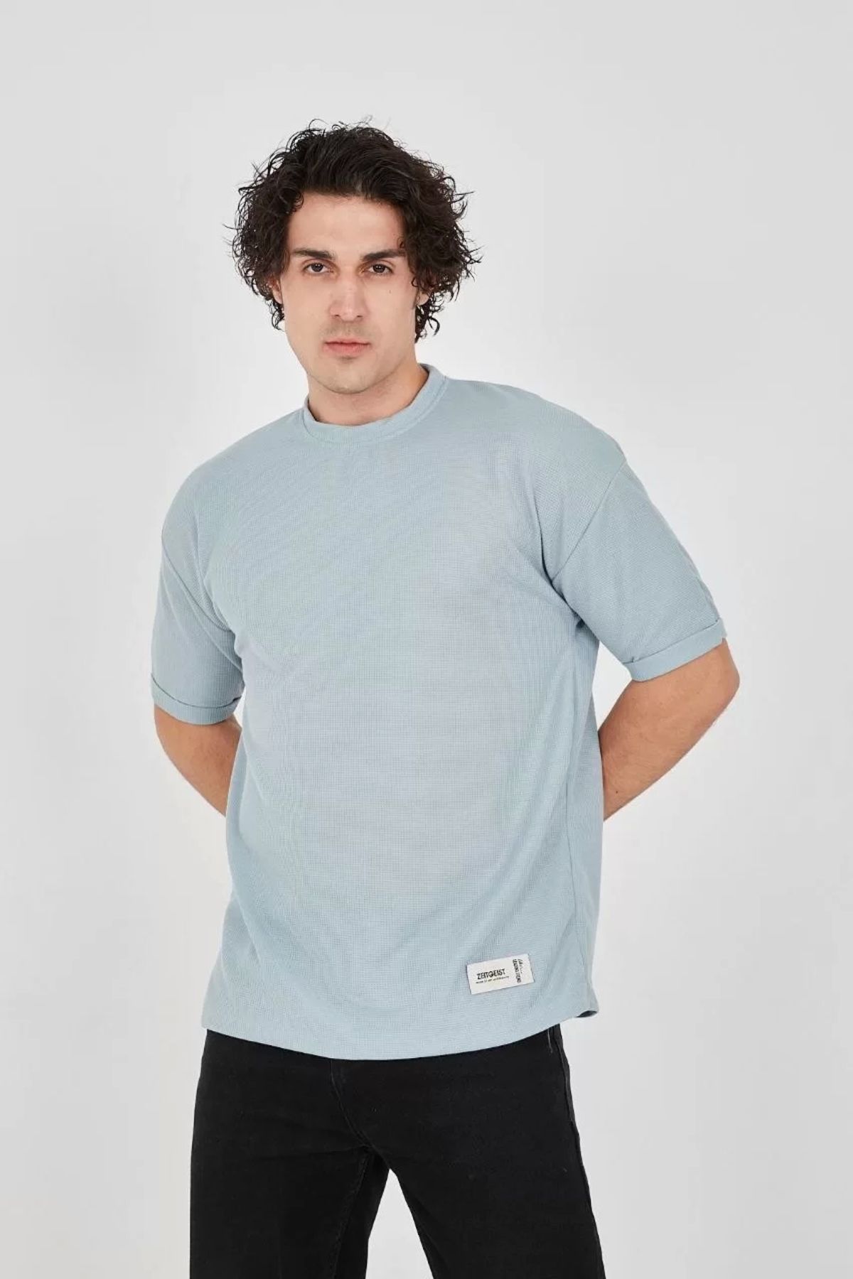 CVS Unisex Waffle Kumaş Rahat Kol T-Shirt - Buz Mavisi