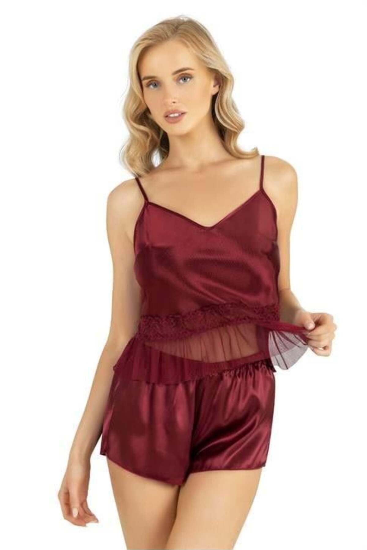 Shop58 Bordo Saten Şort Takımı 9209