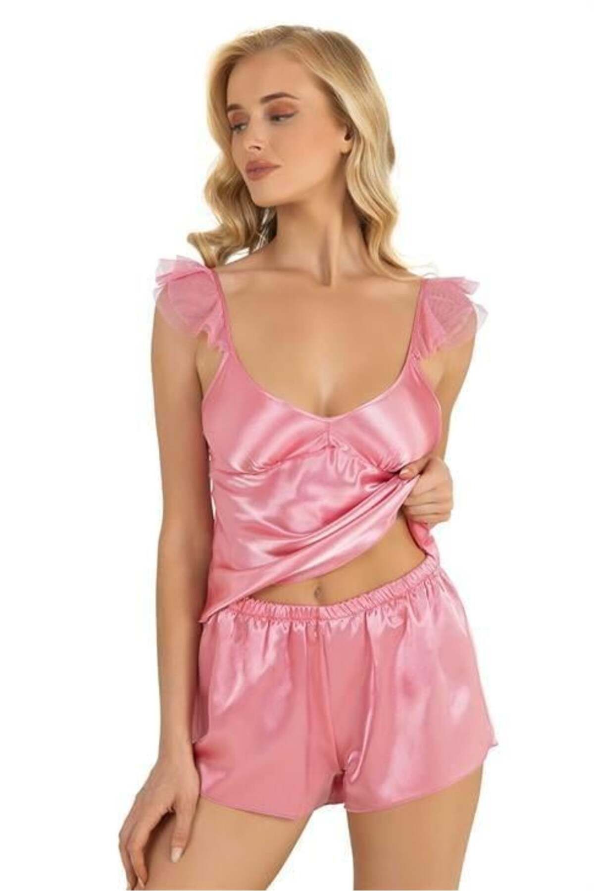 Shop58 Pembe Saten Şort Takımı 9212