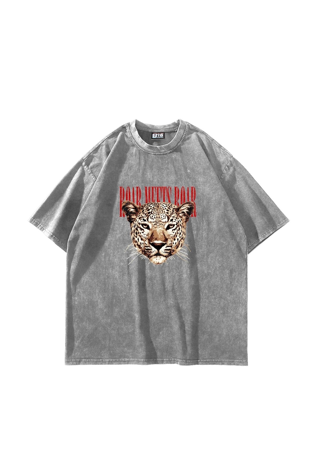 Sekizbiraltı Roar Meets Baskılı Oversize Unisex Yıkamalı Beyaz Tshirt
