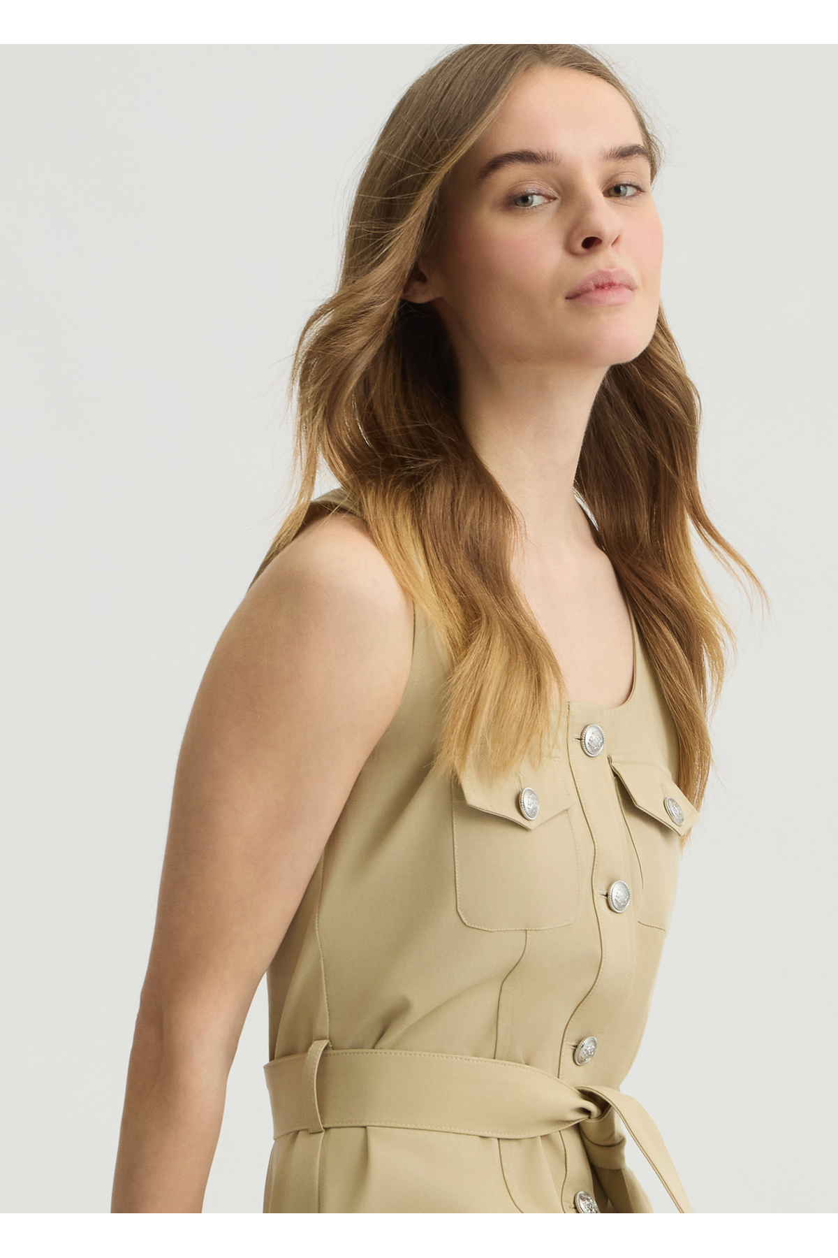 Liu Jo-Women's Round Neck Front Button Closure Above Knee Length Waist Belt Beige Dress Wa5264T4277-60920 5