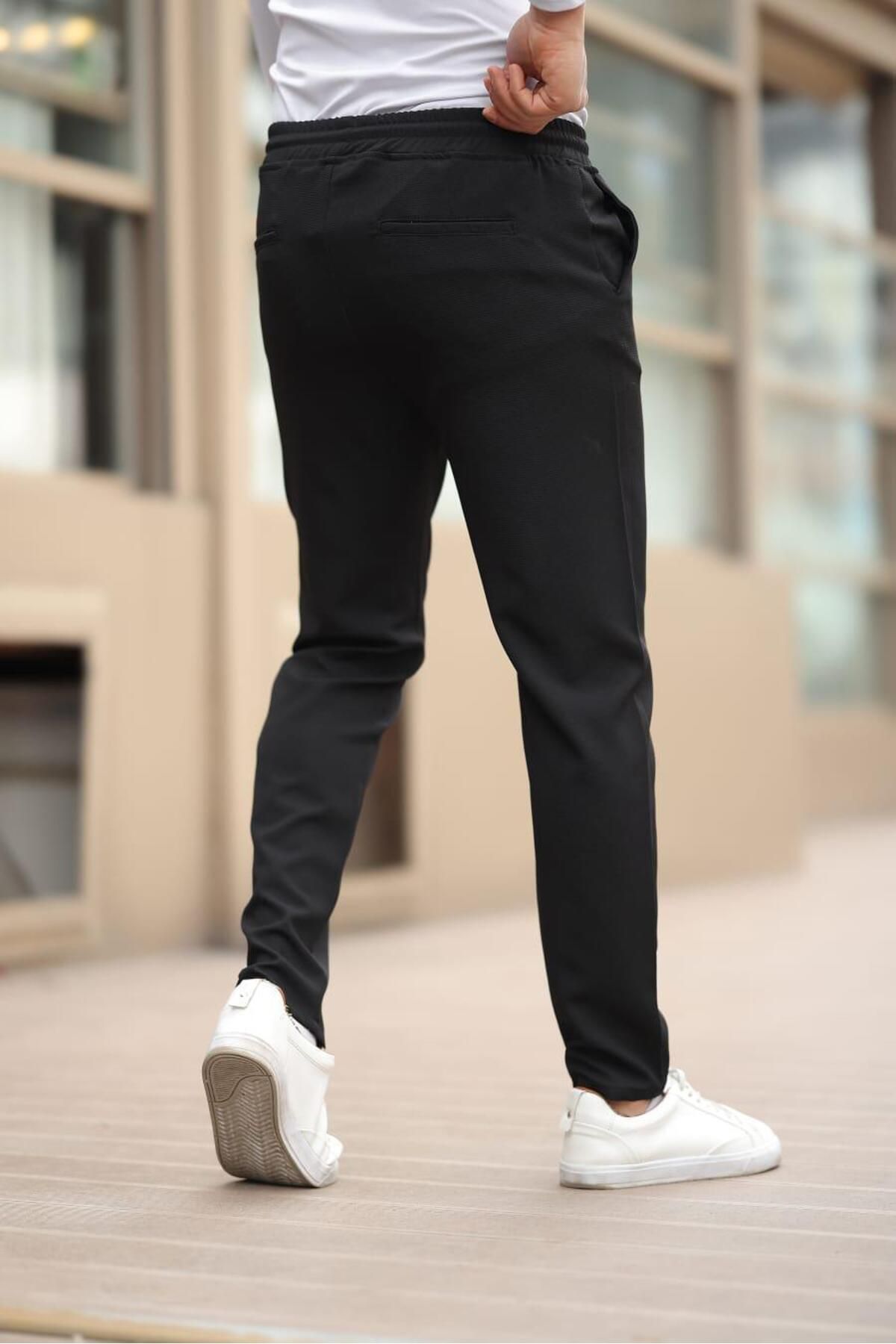 Afri Düğmesiz Kareli Kumaş Siyah Mavisi Jogger Pantolon