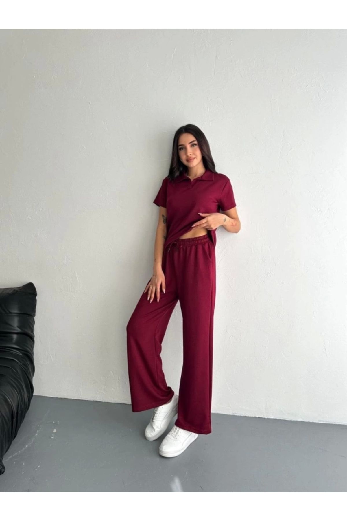 nedo7 Osy Modal Yumuşak Dokulu Kumaş Kısa Kollu Yakalı T-shirt Pantalon Ikili Takım- Bordo