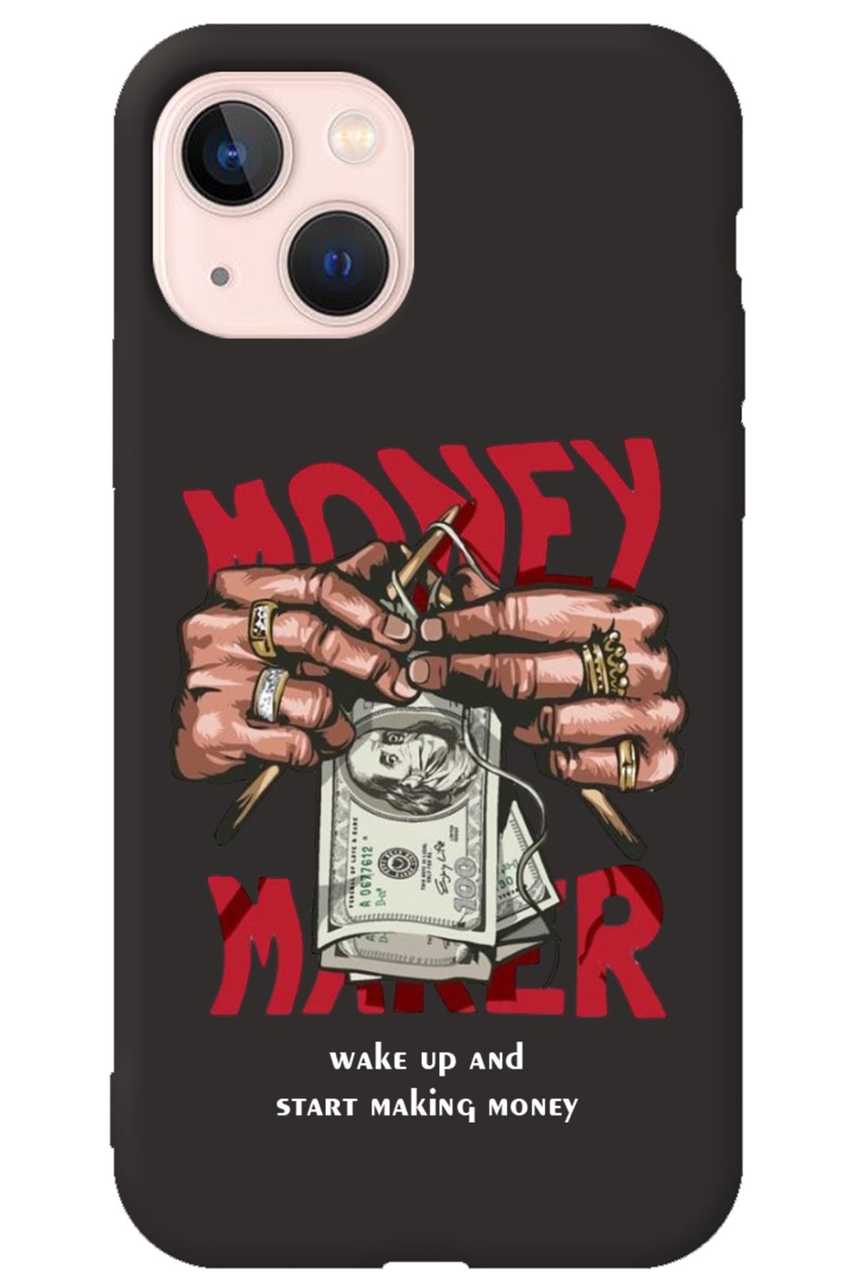 WANNA PROTECT iPhone 15 Siyah İçi Kadife Make Money Desenli Silikon Telefon Kılıfı