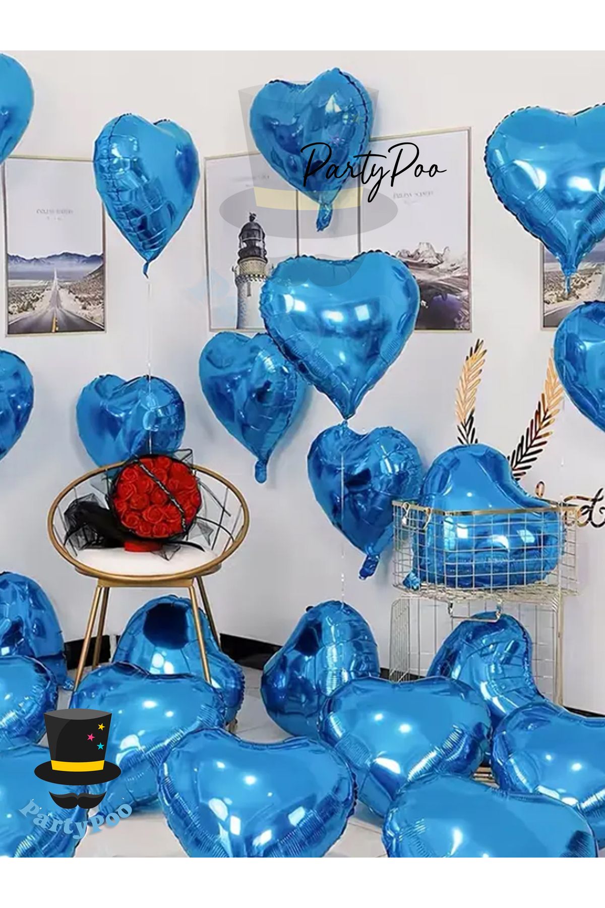 PartyPoo Mavi Metalik Kalp Folyo Balon Seti 3 Adet Doğum günü ve Bride To Be Balonları
