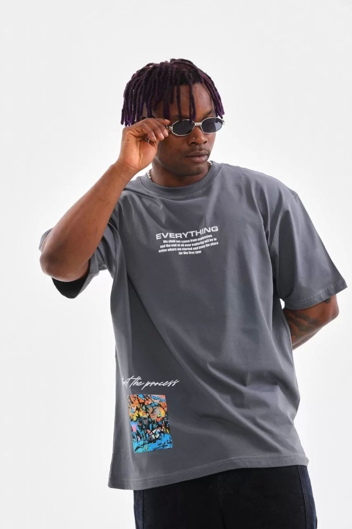CVS Unisex Bisiklet Yaka Baskılı Oversize T-Shirt - Gri