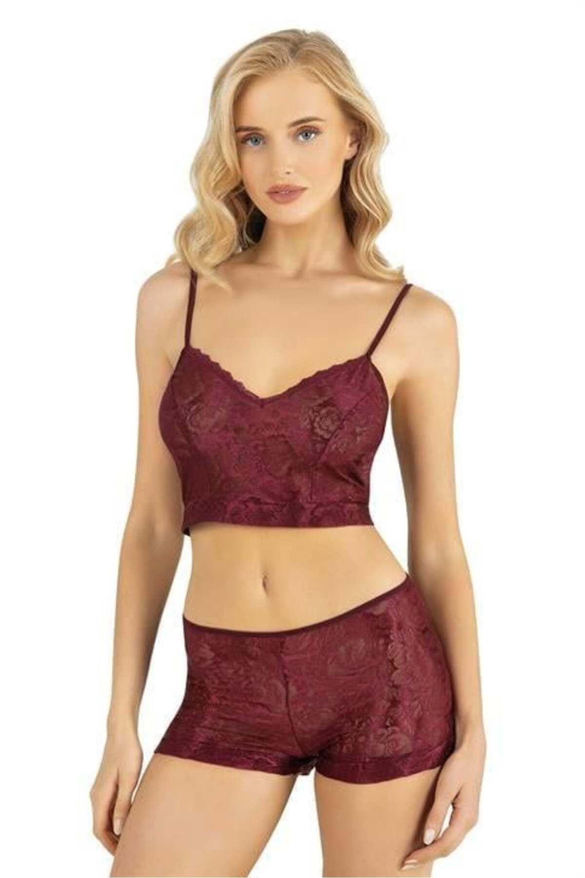 Shop58 Bordo Saten Şort Takımı 9219