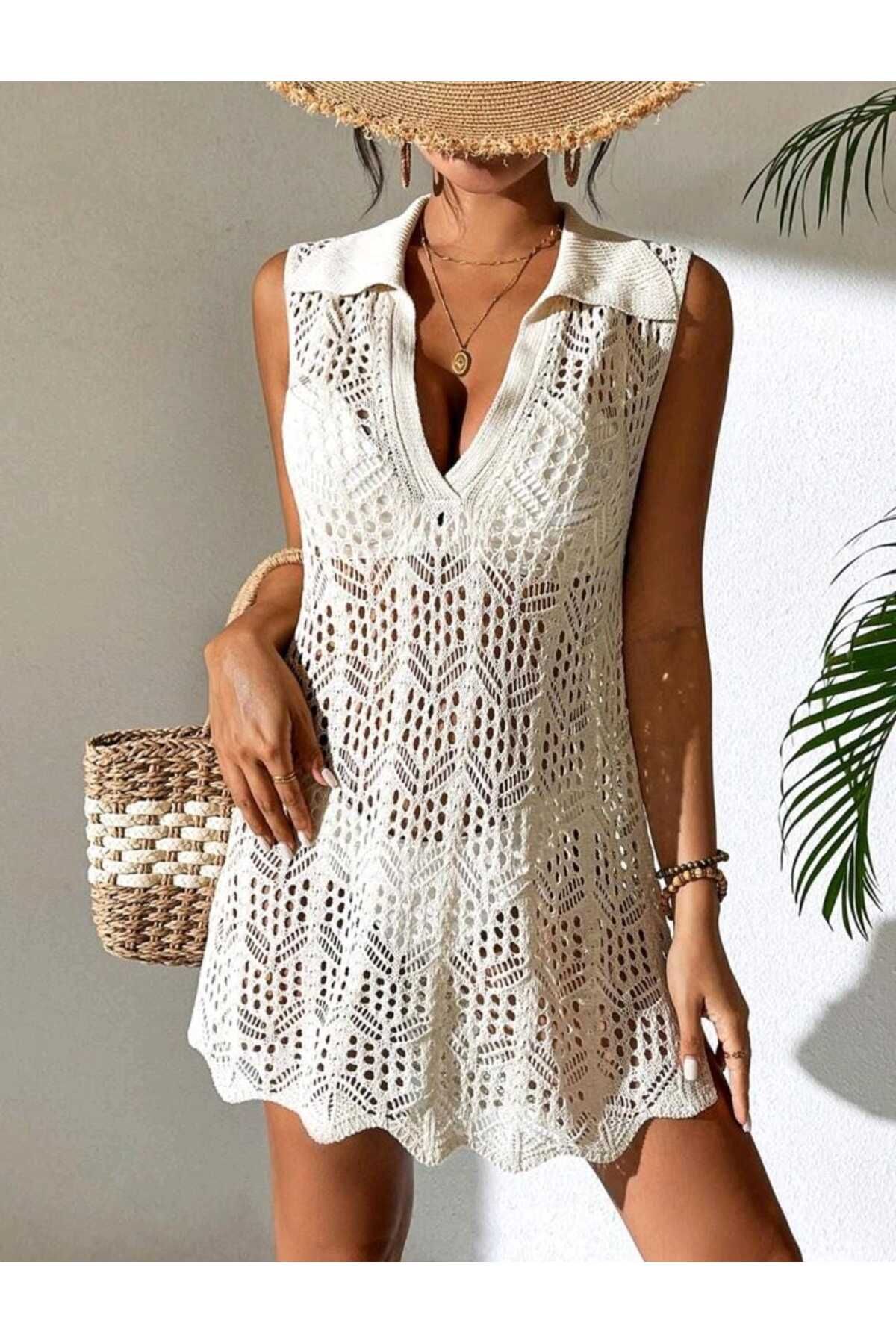 Bracha Gömlek Yaka Sıfır Kollu Ajurlu Desen %100 Pamuk Bikini Üstü Plaj Elbisesi