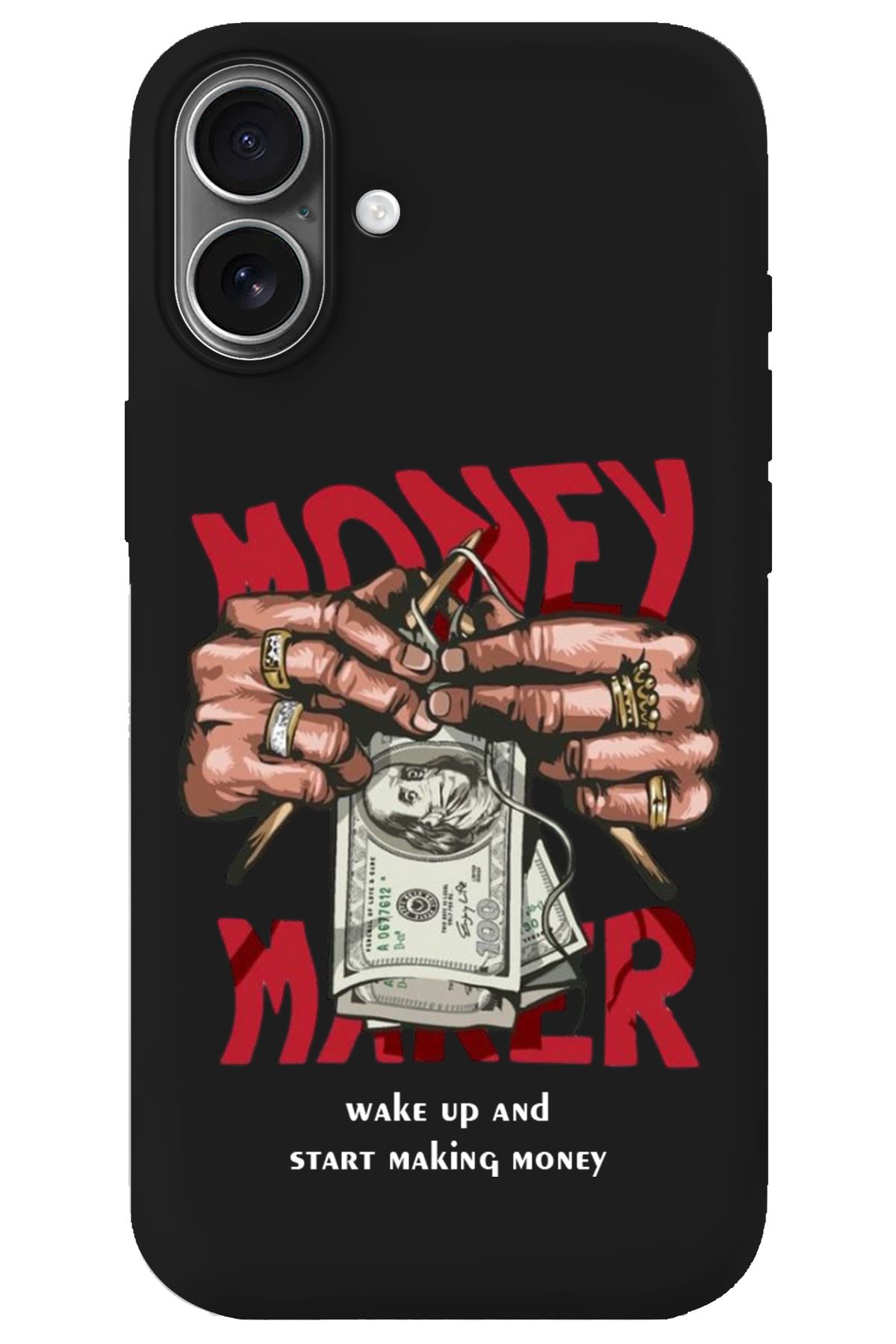 WANNA PROTECT iPhone 16 Siyah İçi Kadife Make Money Desenli Silikon Telefon Kılıfı