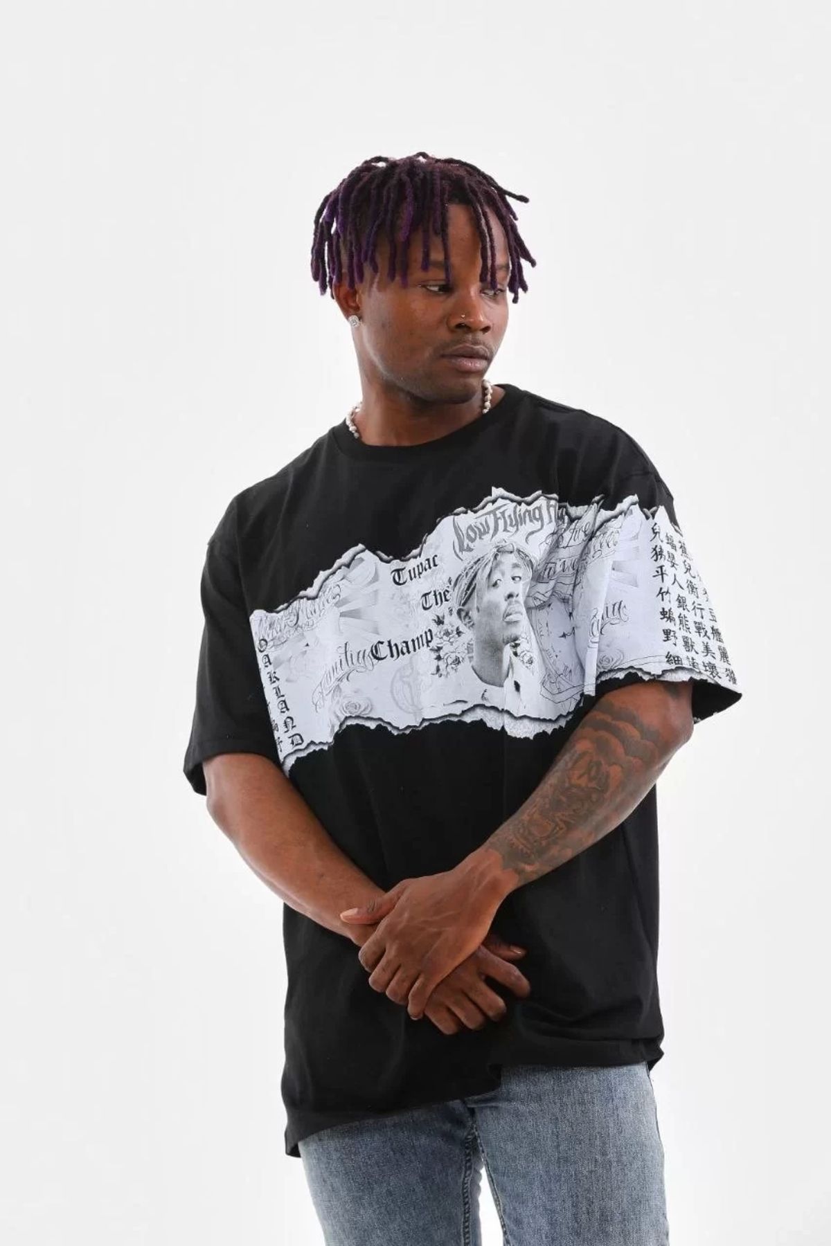 CVS Unisex Bisiklet Yaka Baskılı Oversize T-Shirt - Siyah