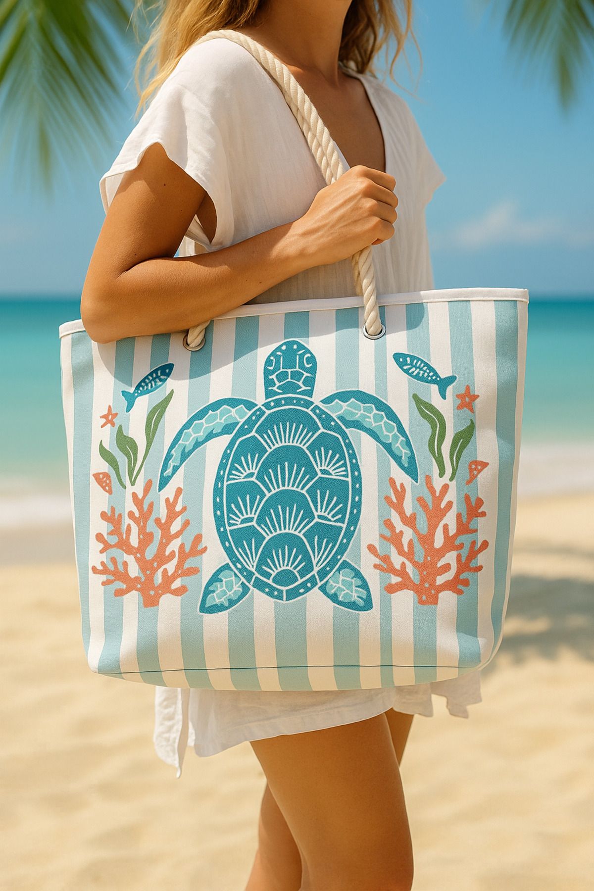 PRENDİ HOME Caretta Caretta Desenli Büyük Boy Piknik ve Plaj Çantası – Halat Saplı – 55x36x15 cm