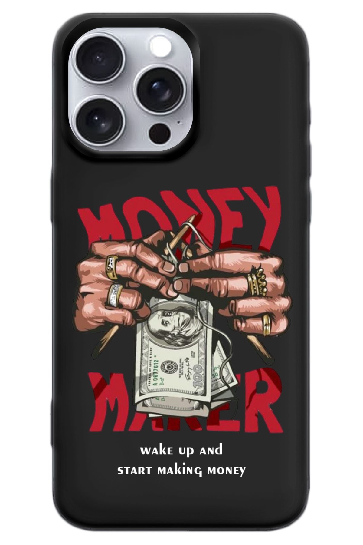 WANNA PROTECT iPhone 15 Pro Max Siyah İçi Kadife Make Money Desenli Silikon Telefon Kılıfı