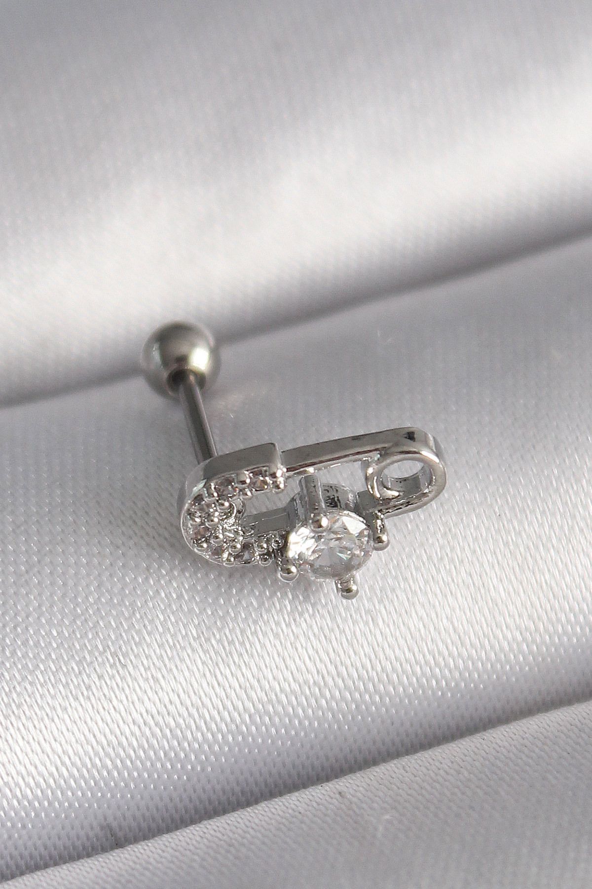 MAYAS 316L Çelik Gümüş Renk Zirkon Taşlı Toplu İğne Tragus Piercing