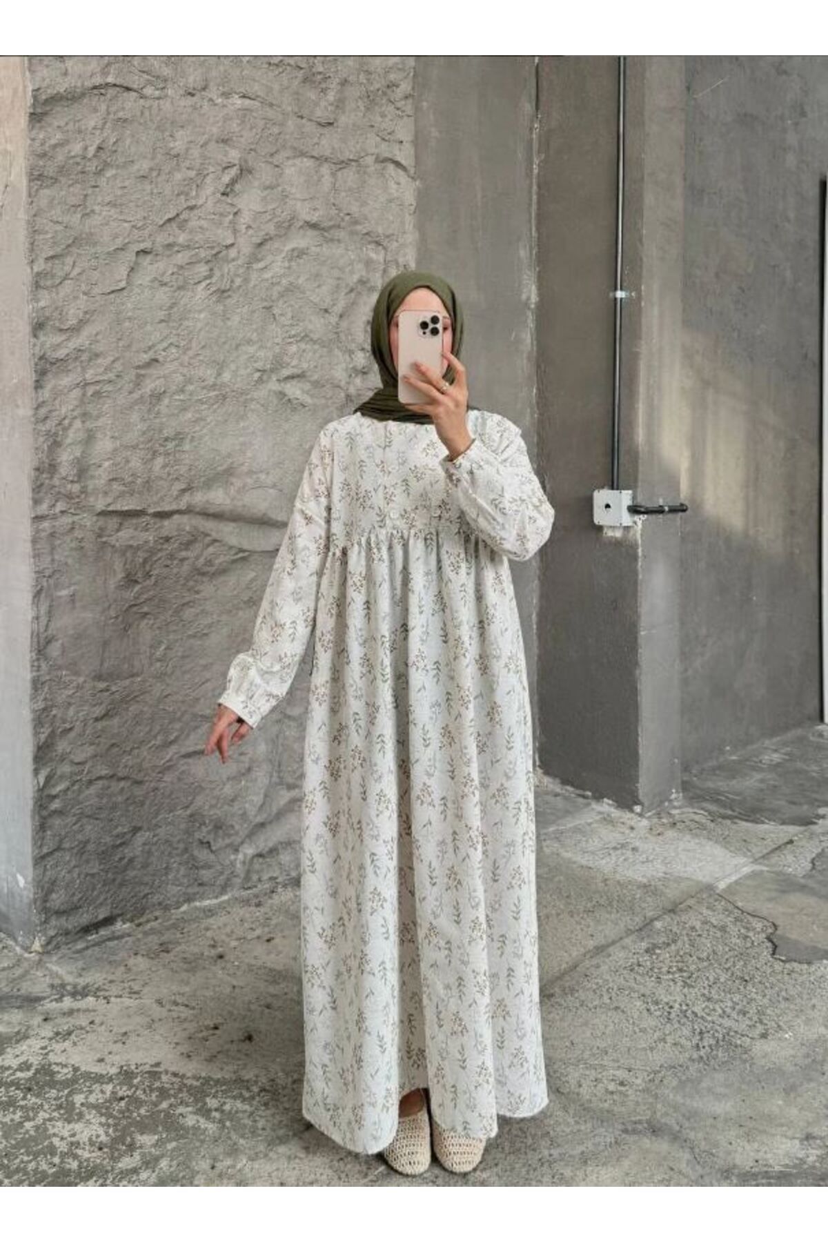 OlaLady Kadın Önü Çift Düğmeli Desenli Salaş Keten Elbise